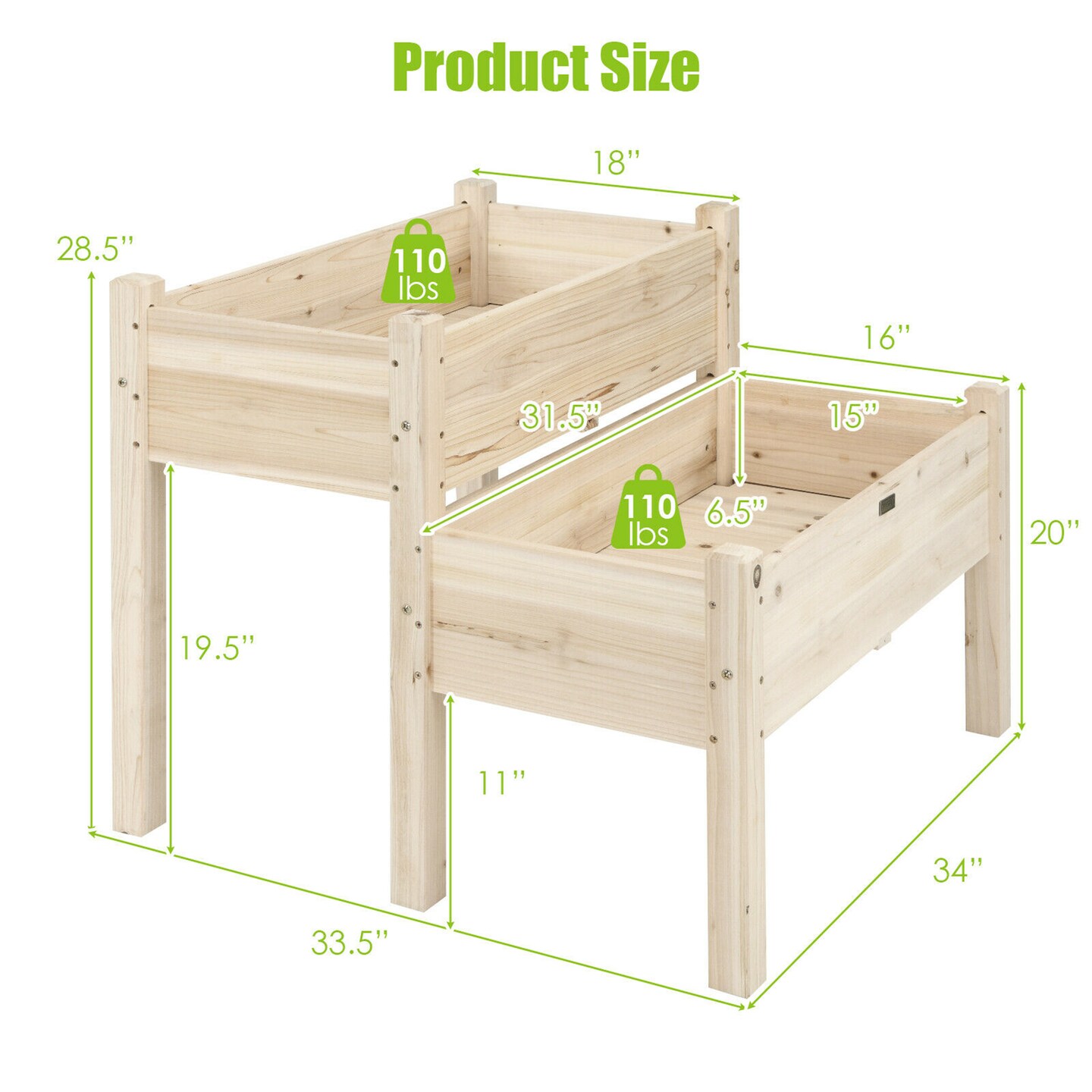 Costway 2 Tier Wooden Raised Garden Bed Elevated Planter Box w/Legs Drain Holes