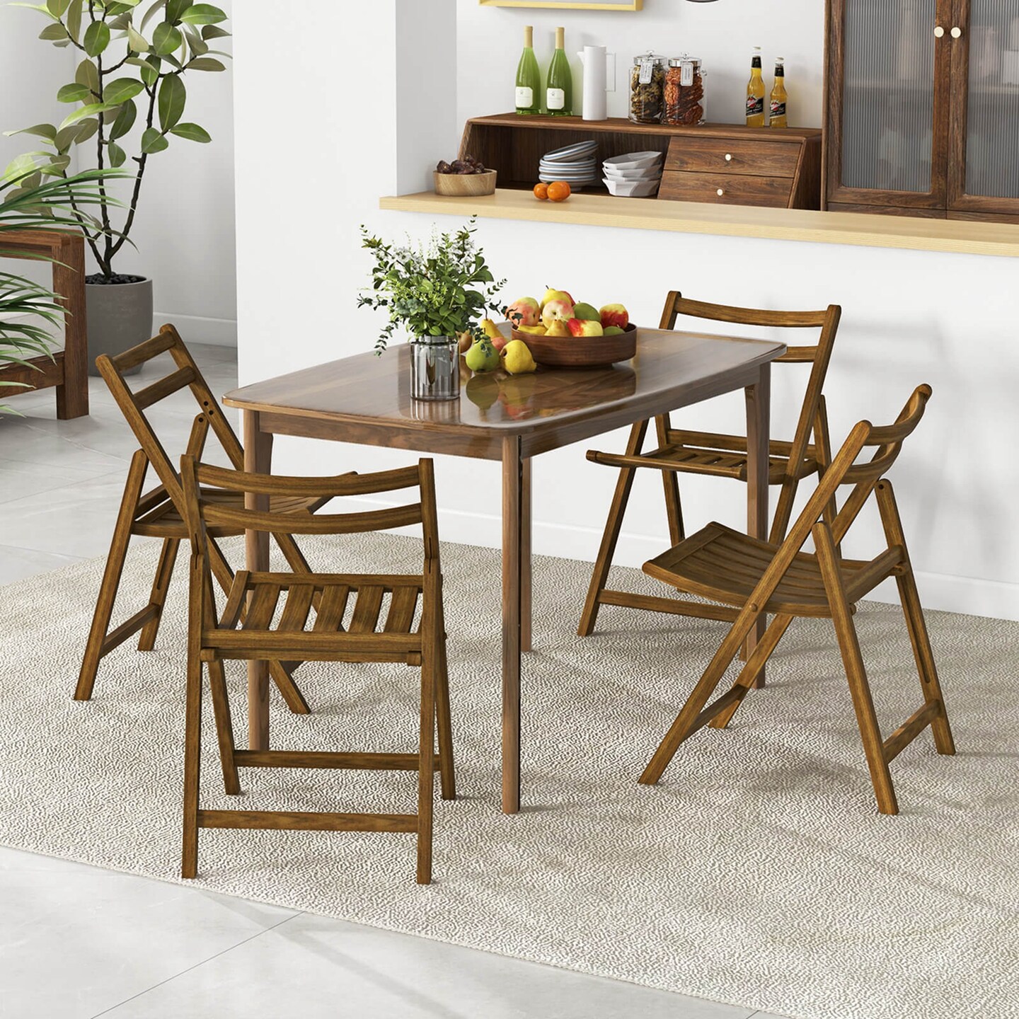 Costway Folding Dining Chair Set of 2/4 with Rubber Wood Frame Slatted Seat Curved Backrest