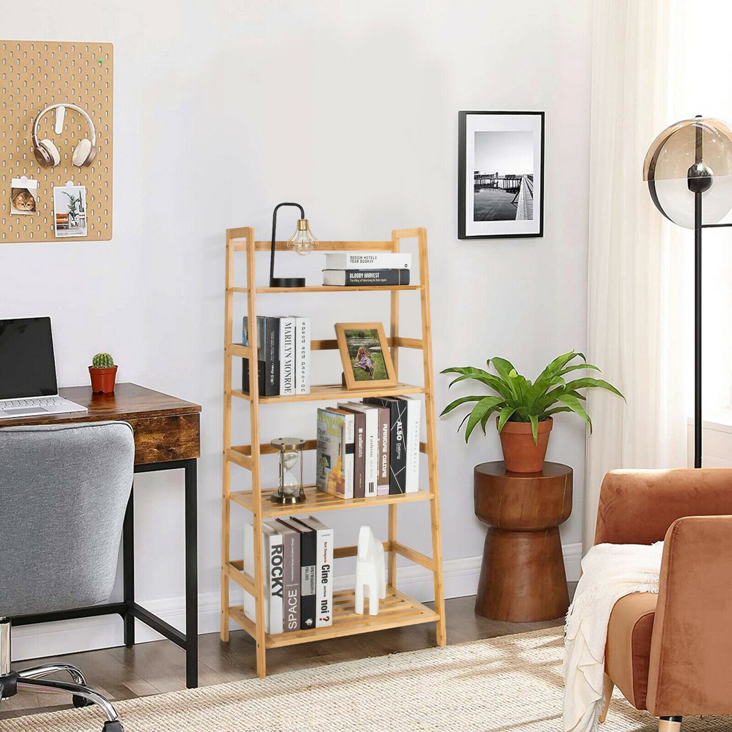 Costway 4-Tier Bookshelf Bamboo Ladder Shelf Bathroom Shelves Storage Plant Stand Rack
