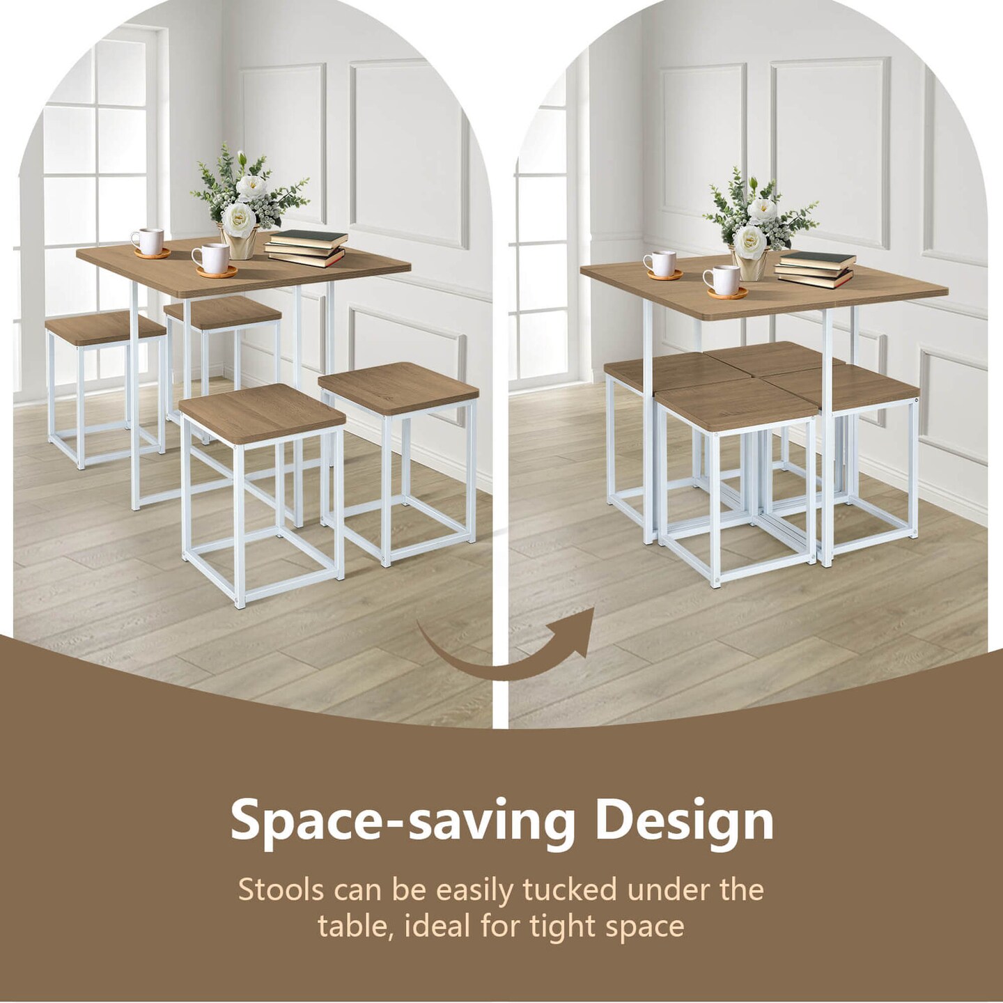 Costway 5pcs Dining Set Compact Dining Table and 4 Stools Metal Frame Nature\Vintage