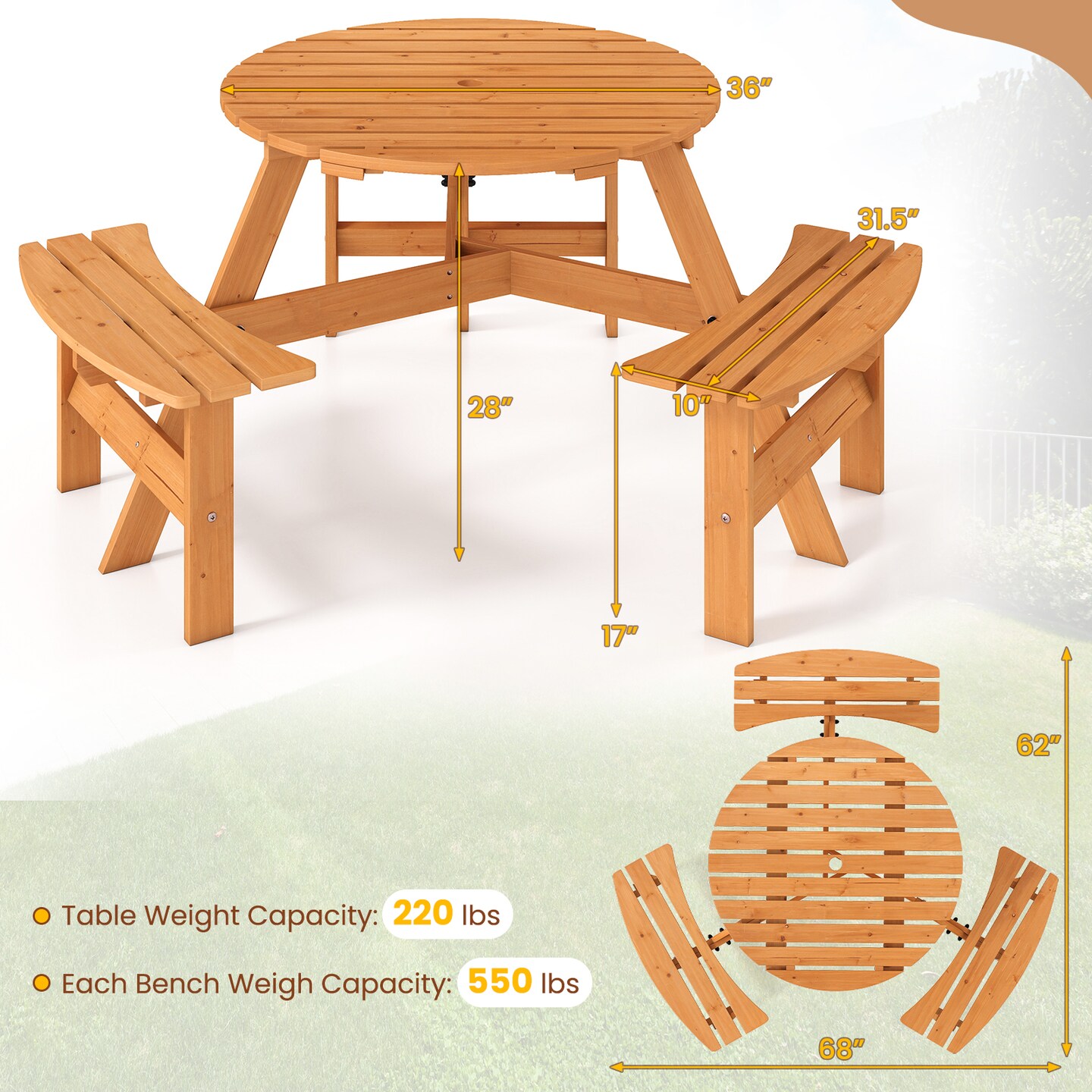 Costway 6-Person Round Picnic Table Set with 3 Built-in Benches 2" Umbrella Hole, Brown/Yellow