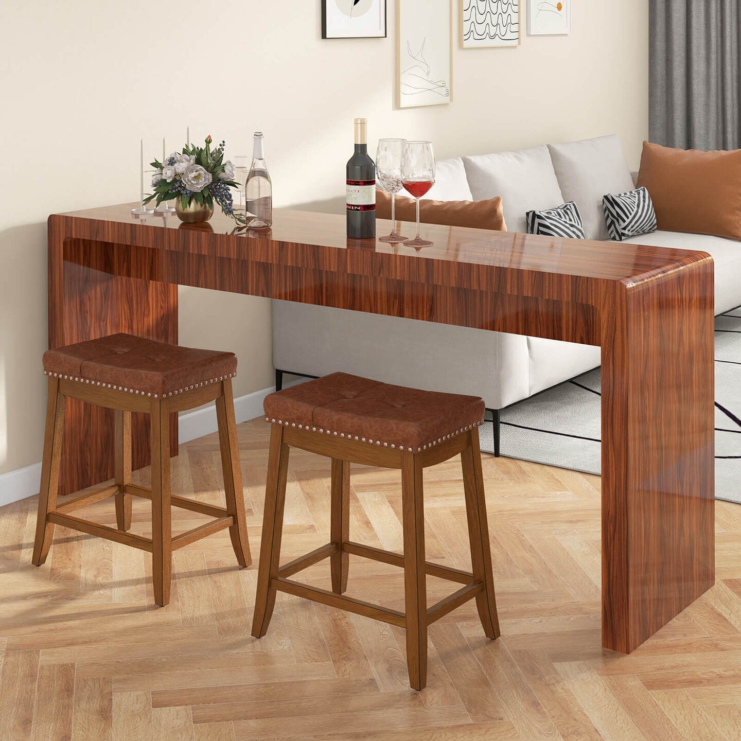 Costway Saddle Bar Stools Set of 2/4 with PU Leather Seat Solid Rubber Wood Frame Footrest