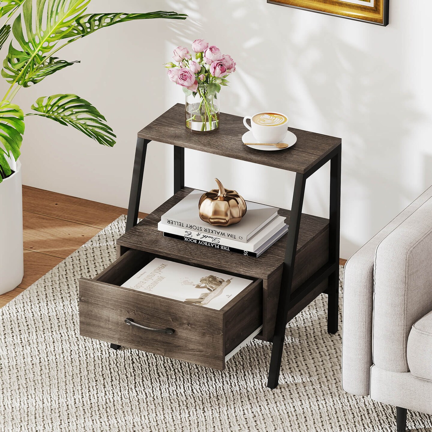 Costway 1/2 PCS Nightstand with Drawer Farmhouse 3-Tier Bedside Table with Open Shelf End Table