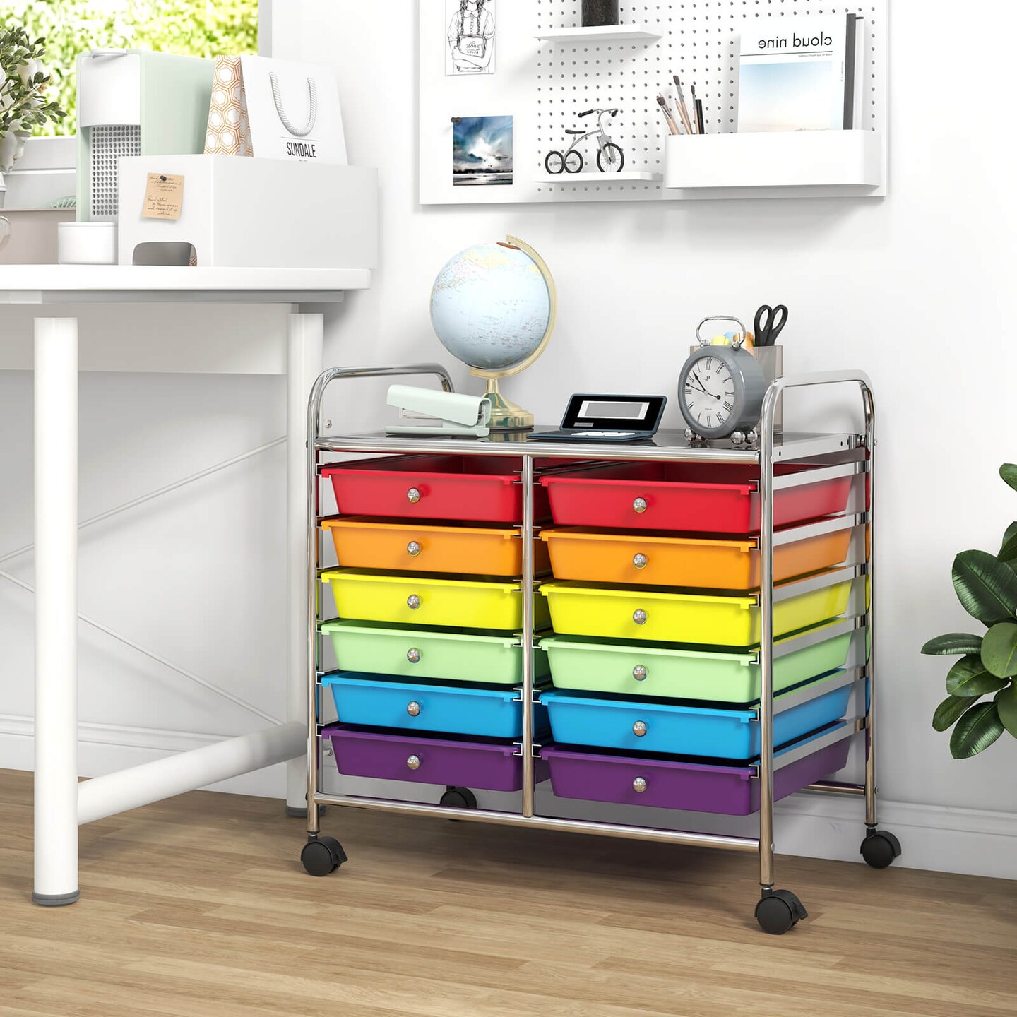 Costway 12 Drawers Rolling Cart Storage Scrapbook Paper Studio Organizer Bins Macaron/White/Light Pink/Purple/Pink/Clear/Gray/Rainbow/Multicolor/Hot Pink/Black