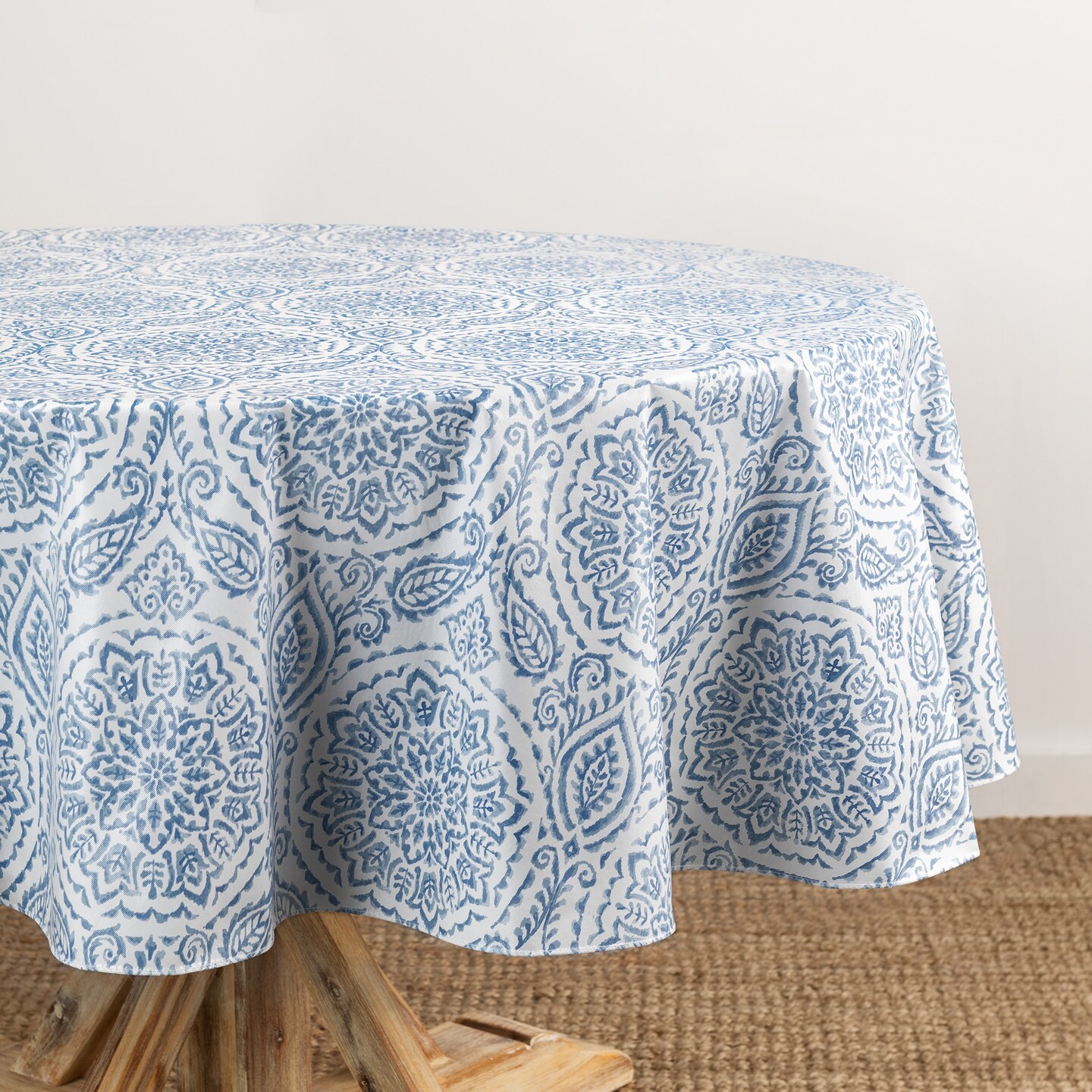 Threadmade Home Savannah Boho Paisley Printed Vinyl Indoor/Outdoor Tablecloth, Blue - 60"W x 84"L Oval