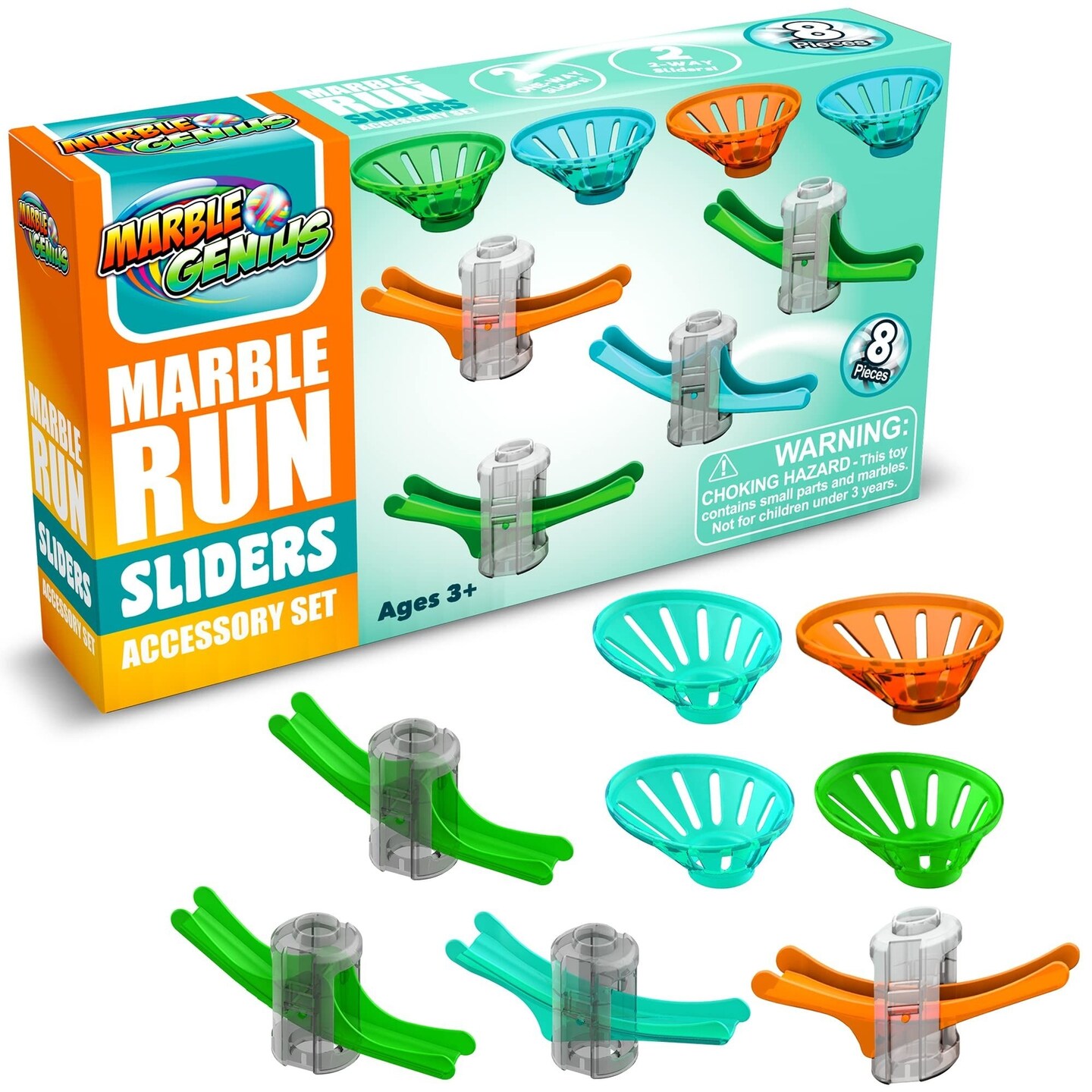 Marble Genius Stunts Slider Set, 8 Pcs Total, 4 Two-Way Sliders and 4 Catch Buckets, Add-On Pieces for Extending Your Marbles Stunt Racing Runs, Ages 5 and Up