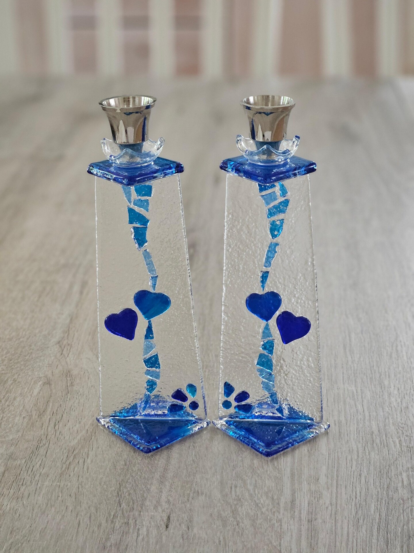 Two hearts wedding shards Shabbat candle sticks, Chuppah glass shards