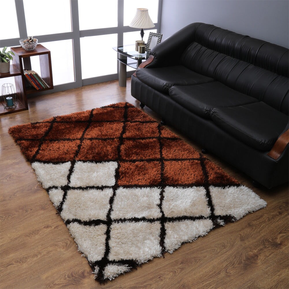 Rugsotic Hand Tufted Shag Area Rug 5X8 Geometric Purple Beige K00050