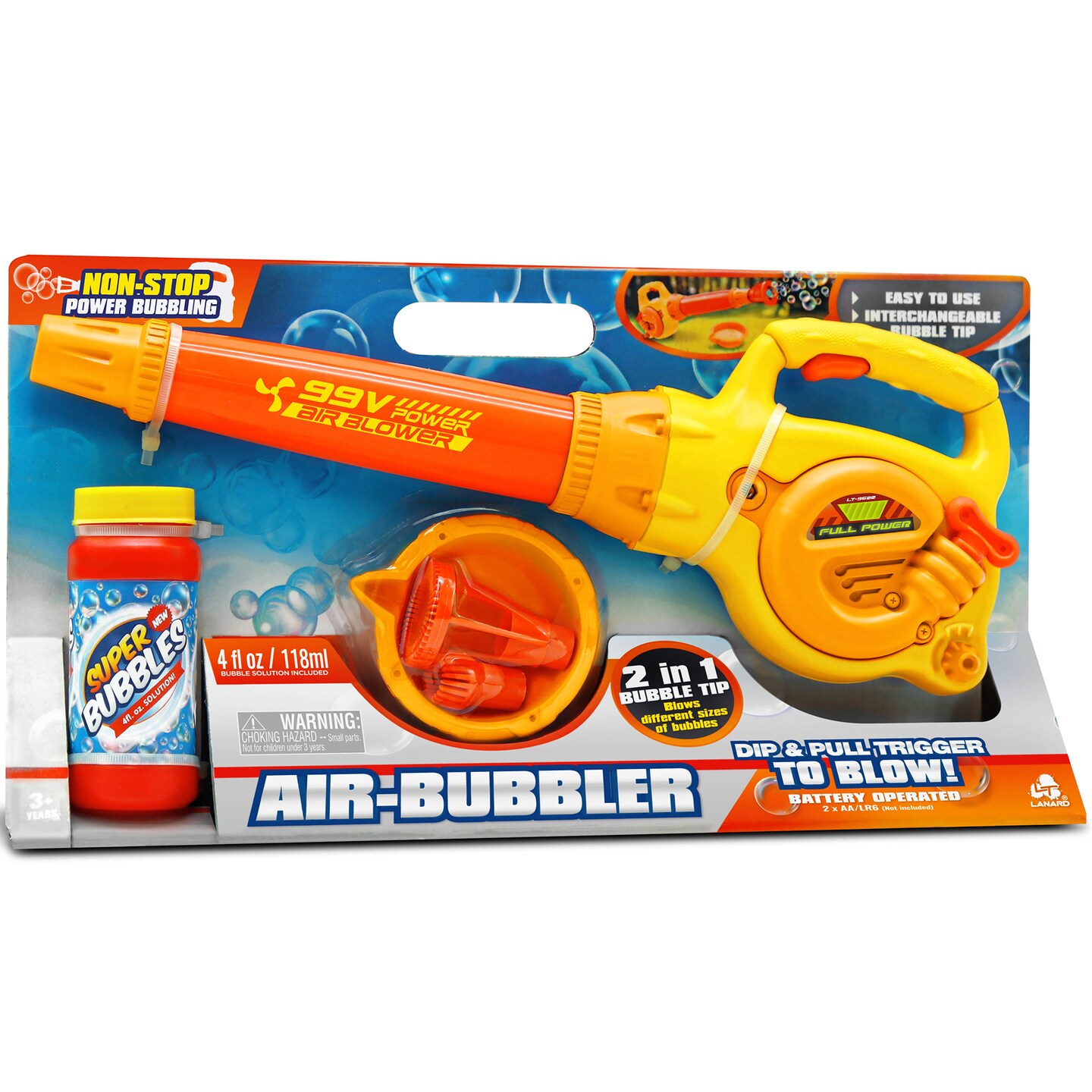 Lanard: Air Bubbler - Orange Battery Powered Blower Machine, 4oz Solution, Big & Small Interchangeable Tips, Non-Stop Blowing, Outdoor Play, Kids 3+