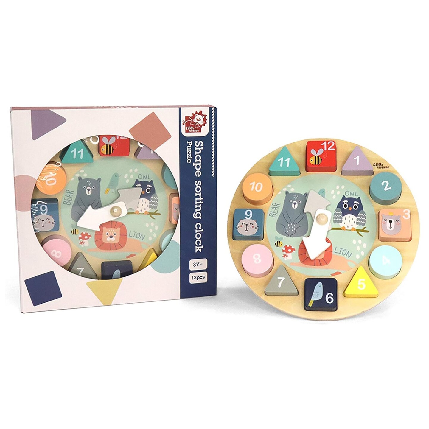 LEO & FRIENDS: Shape Sorting Clock Puzzle - 13pc Wooden Set - Animal Theme, Chunky Pieces, Learn How to Tell Time, Play & Develop Toy, Kids Ages 3+