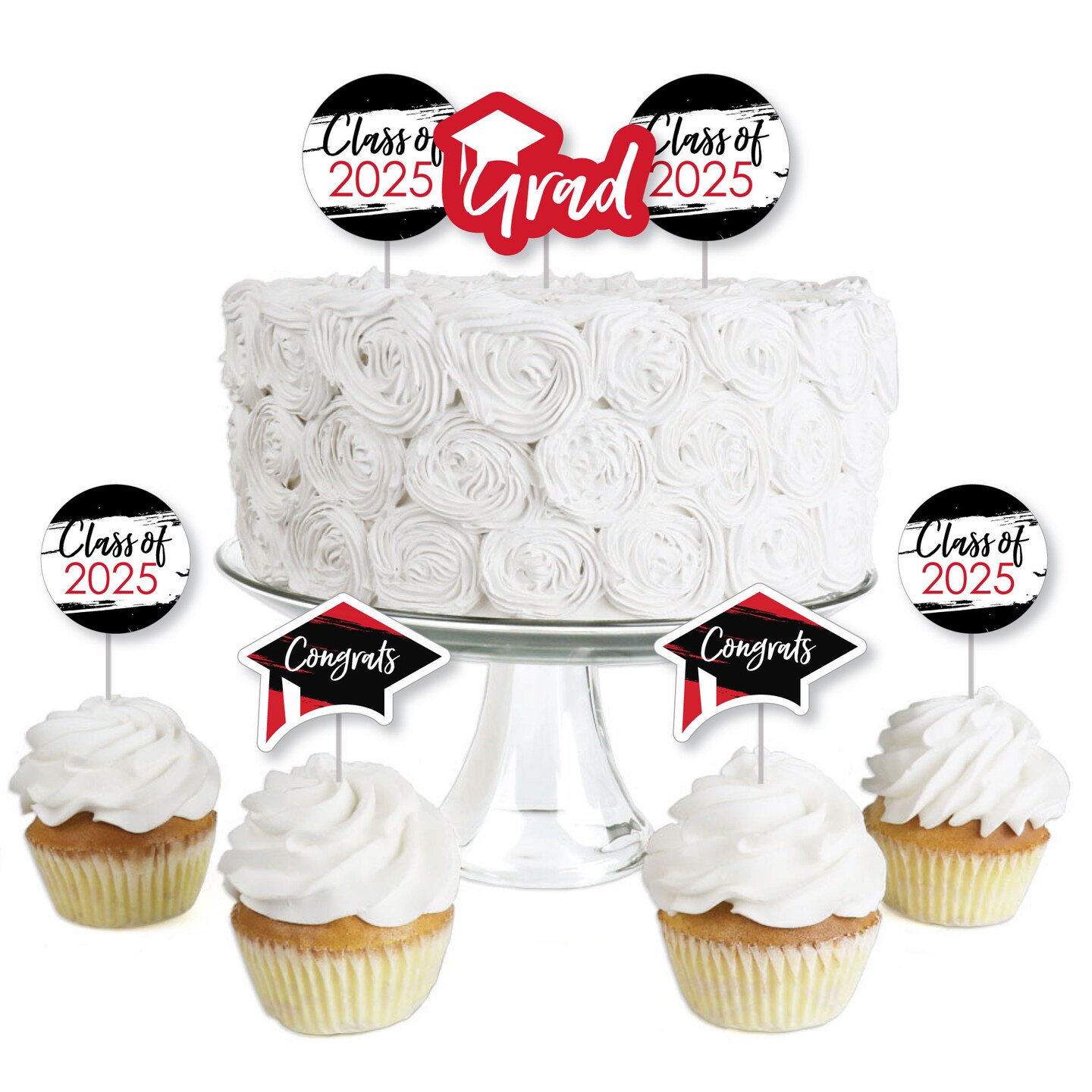 Big Dot of Happiness Red 2025 Graduation Party - Dessert Cupcake Toppers - Clear Treat Picks - Set of 24