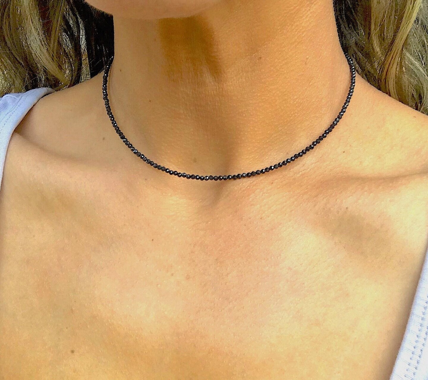 Little Black Choker, 2mm Sparkly Spinel Stone, Black Short