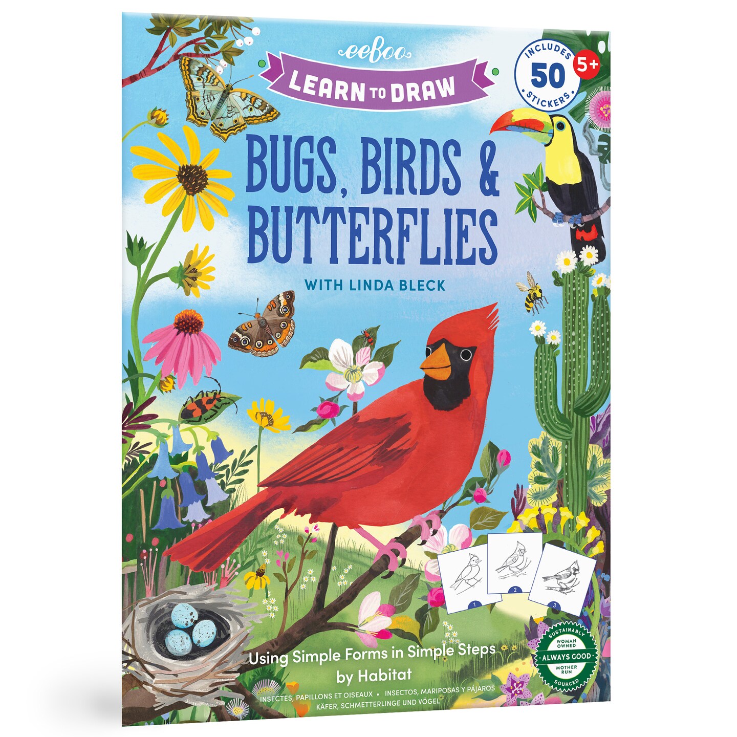 eeBoo: Learn to Draw - Bugs, Birds &#x26; Butterflies - 32 Page Activity Book &#x26; 50 Stickers Set, Fun Nature-Themed Step-By-Step Drawing &#x26; Coloring, Kids 5+