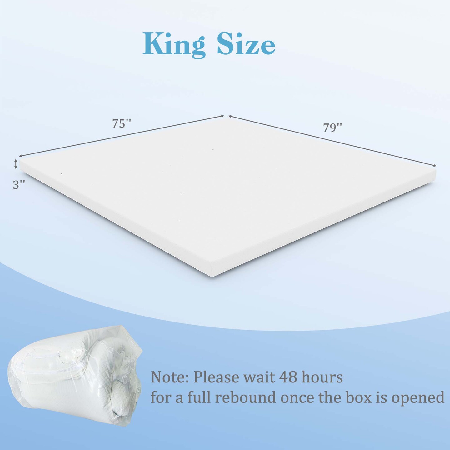 Costway 3&#x22; Gel-Infused Memory Foam Mattress Topper with Removable &#x26; Washable Cover Twin/Full/Queen/King