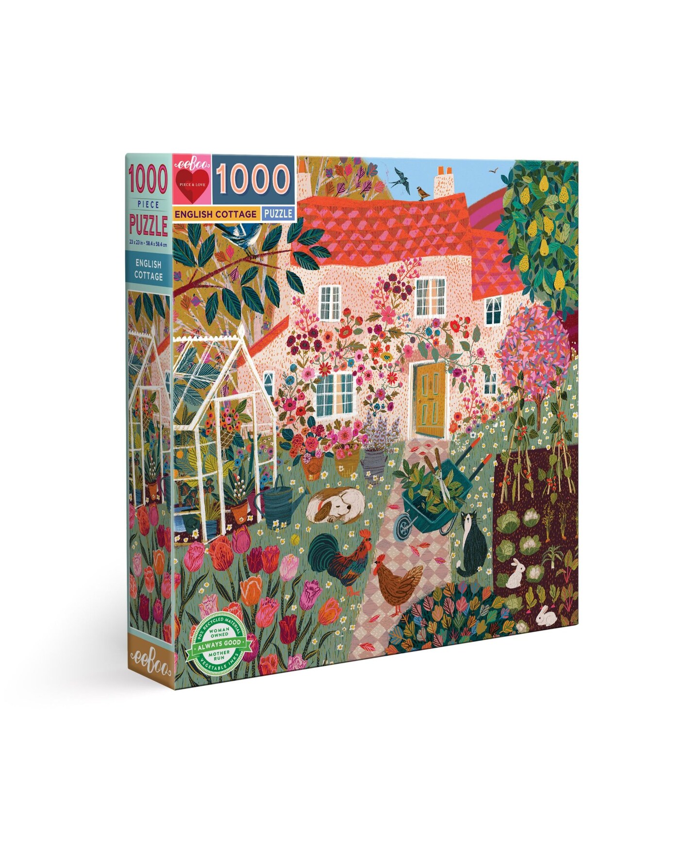 eeBoo Piece and Love English Cottage 1000 Piece Square Jigsaw Puzzle, 23&#x22; x 23&#x22; square, Ages 14 and Up