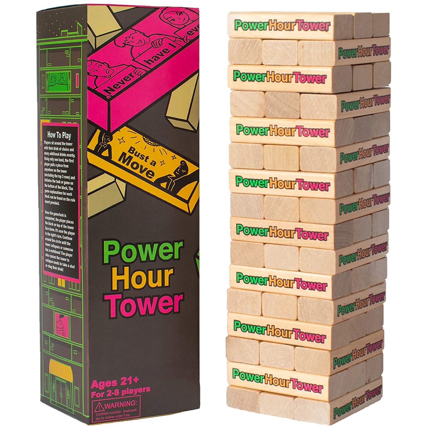 Power Hour Tower Adult Party Game -&#xA0; 48 Hilarious Wooden Blocks - Either a Game, Prodding Question, Challenge or Task, for Game Night, Party, Pregame, or Bachelorette &#x26; Bachelor Activity