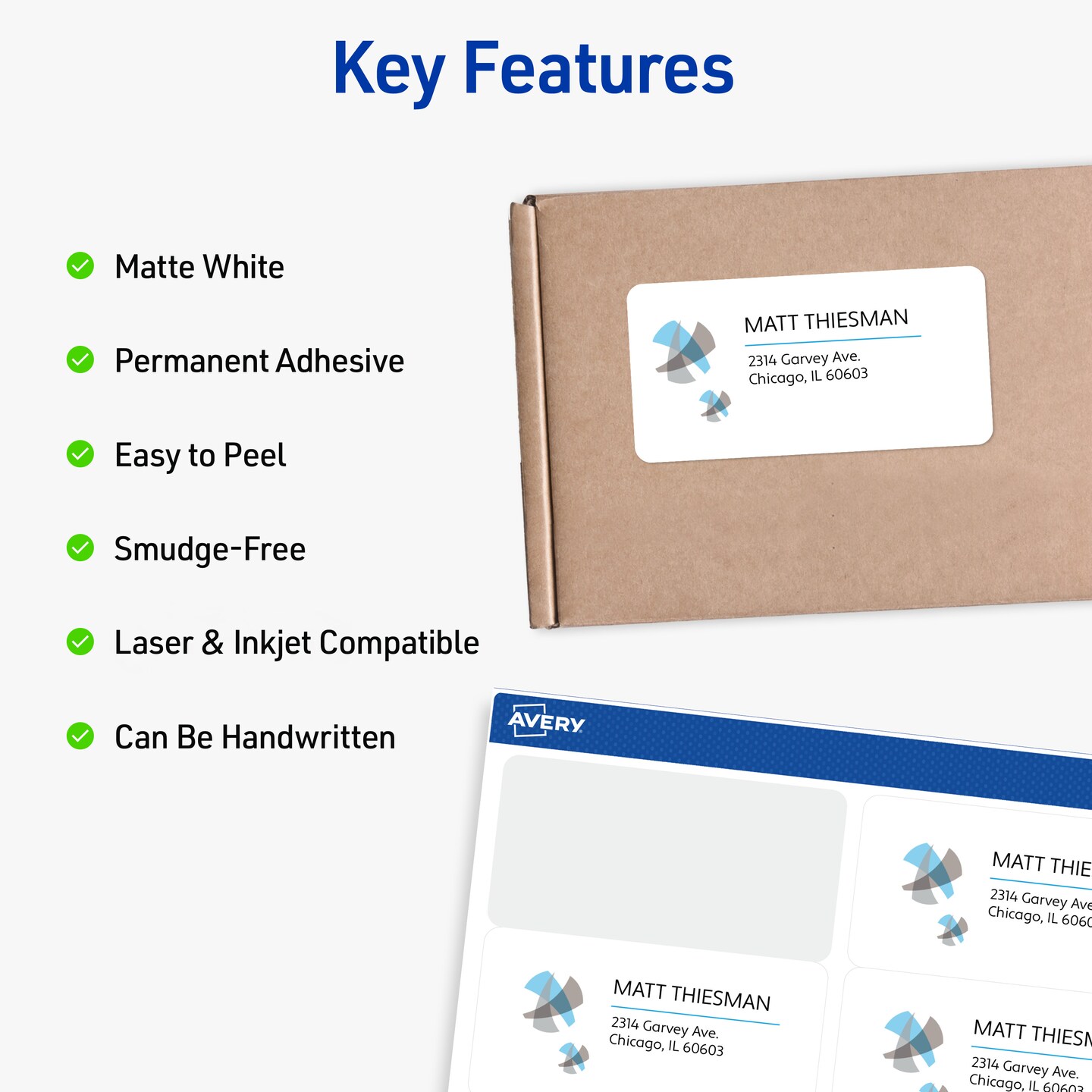 Avery Printable Shipping Labels with Sure Feed Technology, 2" x 4", Laser & Inkjet Compatible, Matte White, 250 Blank Labels Total (6427)