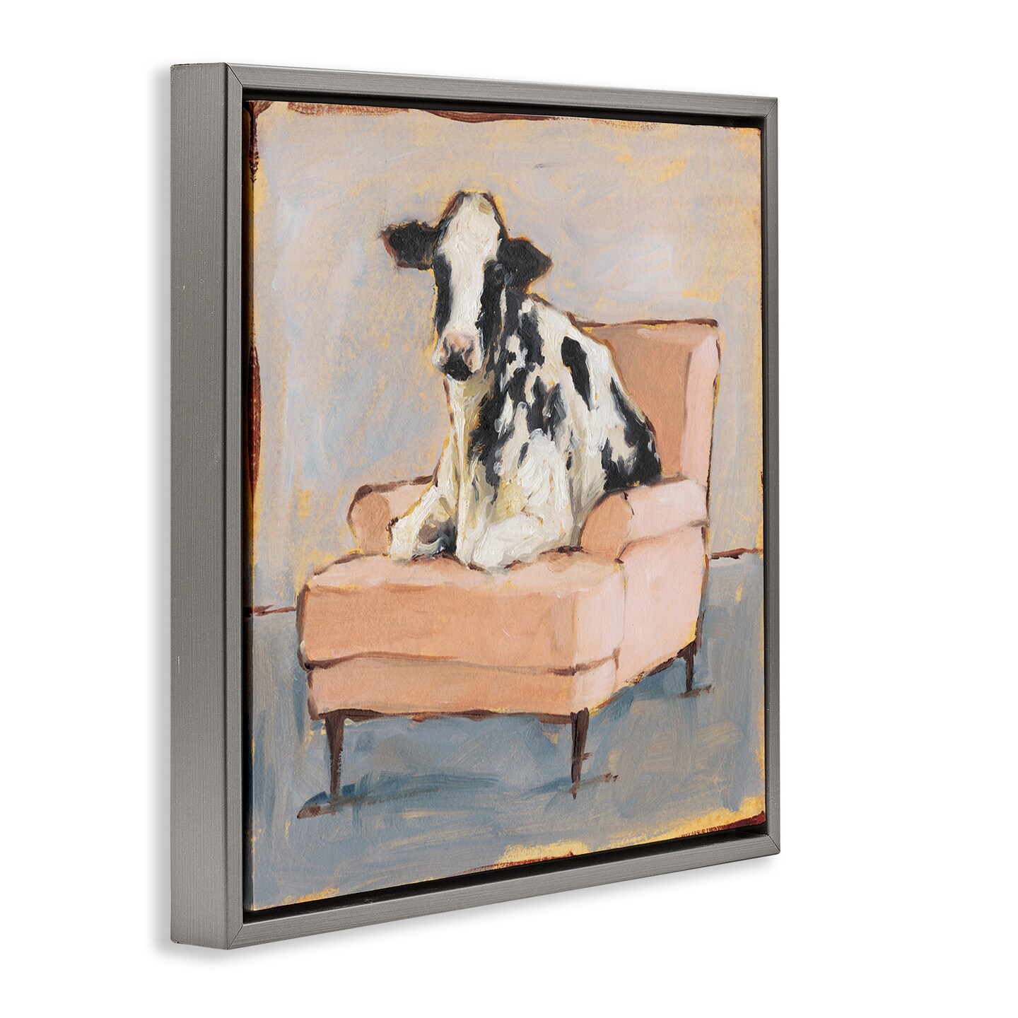 Stupell Industries Baby Cow on Pink Couch Framed Floater Canvas Wall Art