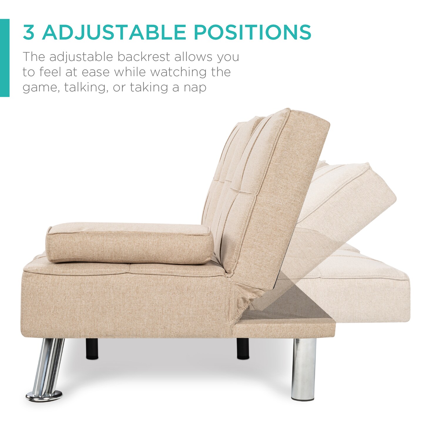 Best Choice Products Modern Linen Convertible Futon Sofa Bed w/ Removable Armrests, Metal Legs, Cupholders