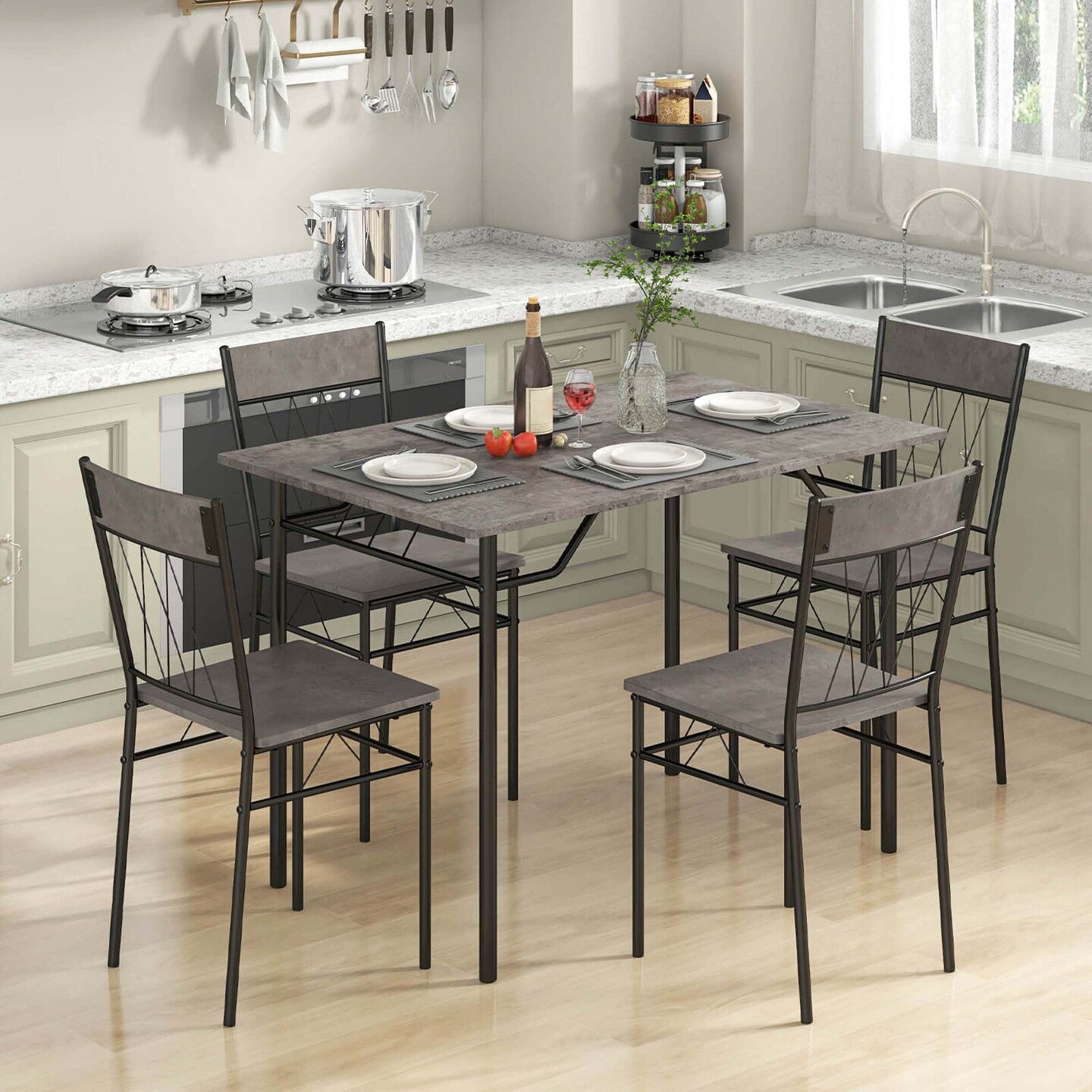 Costway 5PCS Dining Table Set for 4 Rectangular Kitchen Table & 4 Chairs with Metal Frame Cement Gray/Black