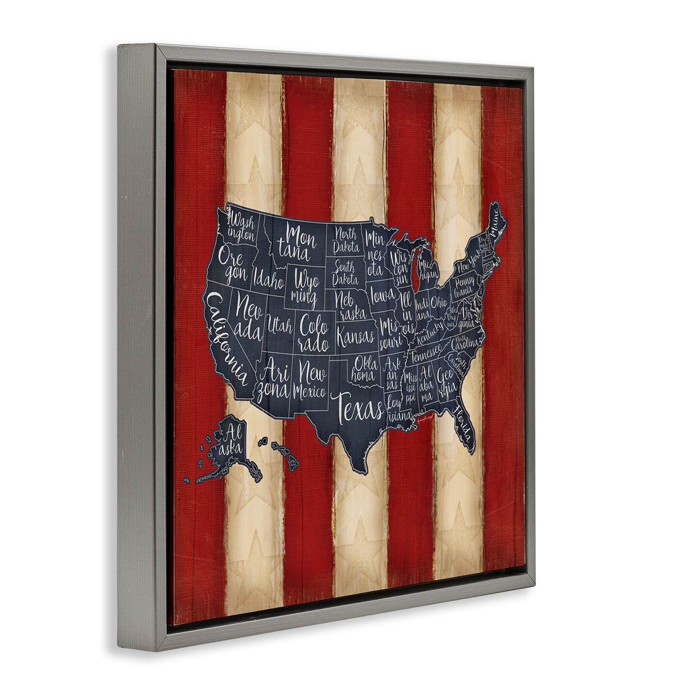Stupell Industries United States Map on Stripes Framed Floater Canvas Wall Art