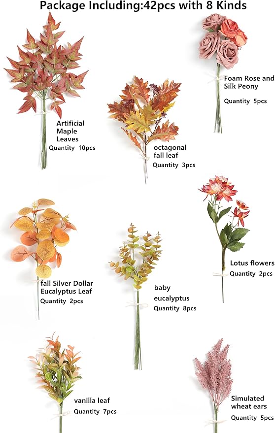 Fall Artificial Greenery Spray Box Set (Pack of 42 Pieces) with 8 Different Types of Faux Foliage Picks for Wedding Bouquet Filler Table Centerpieces and Floral Arrangement