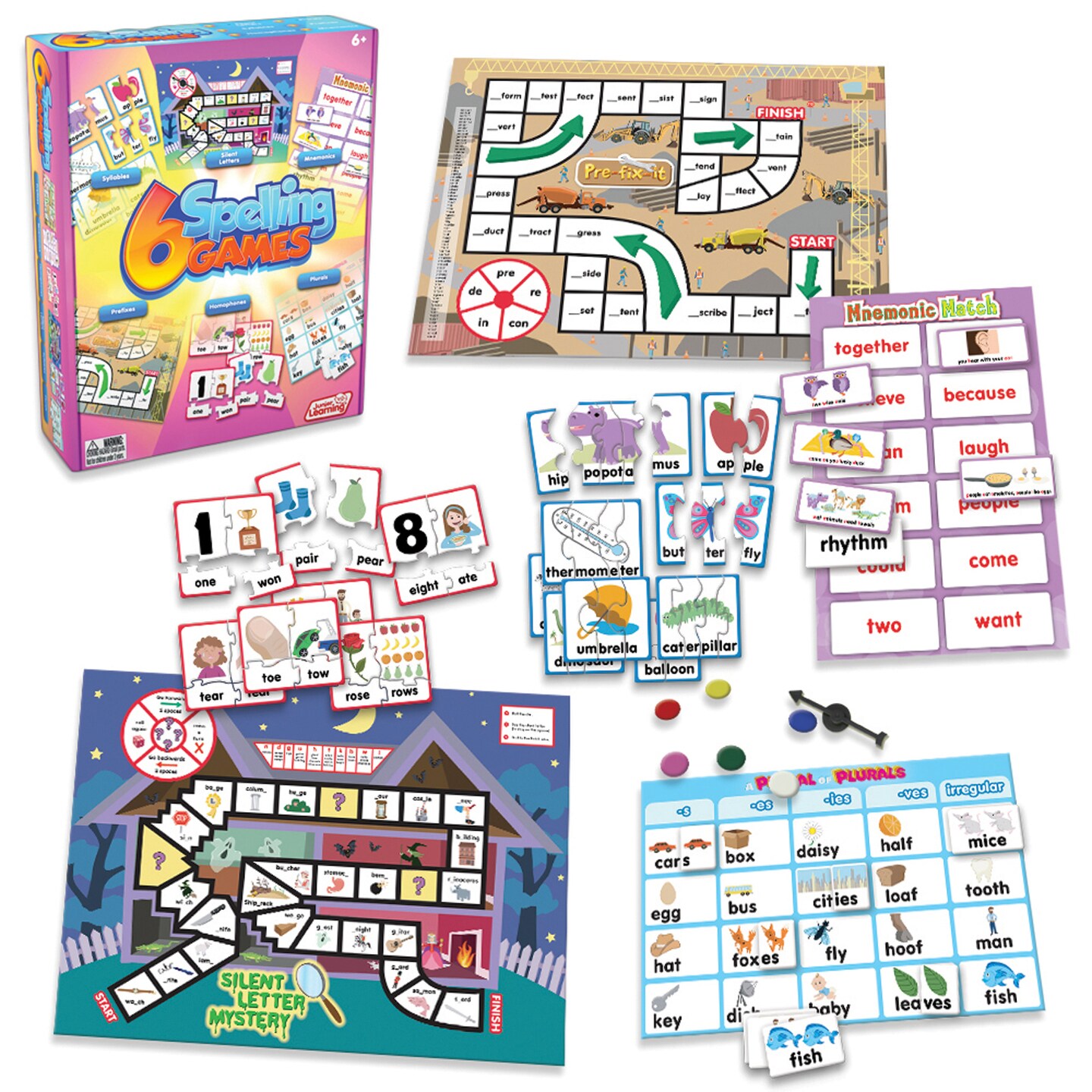 6 Spelling Games Junior Learning Board Game for Ages 6+ Grade 1 Grade 2 Learning, Language Arts, Perfect for Home School, Educational Resources