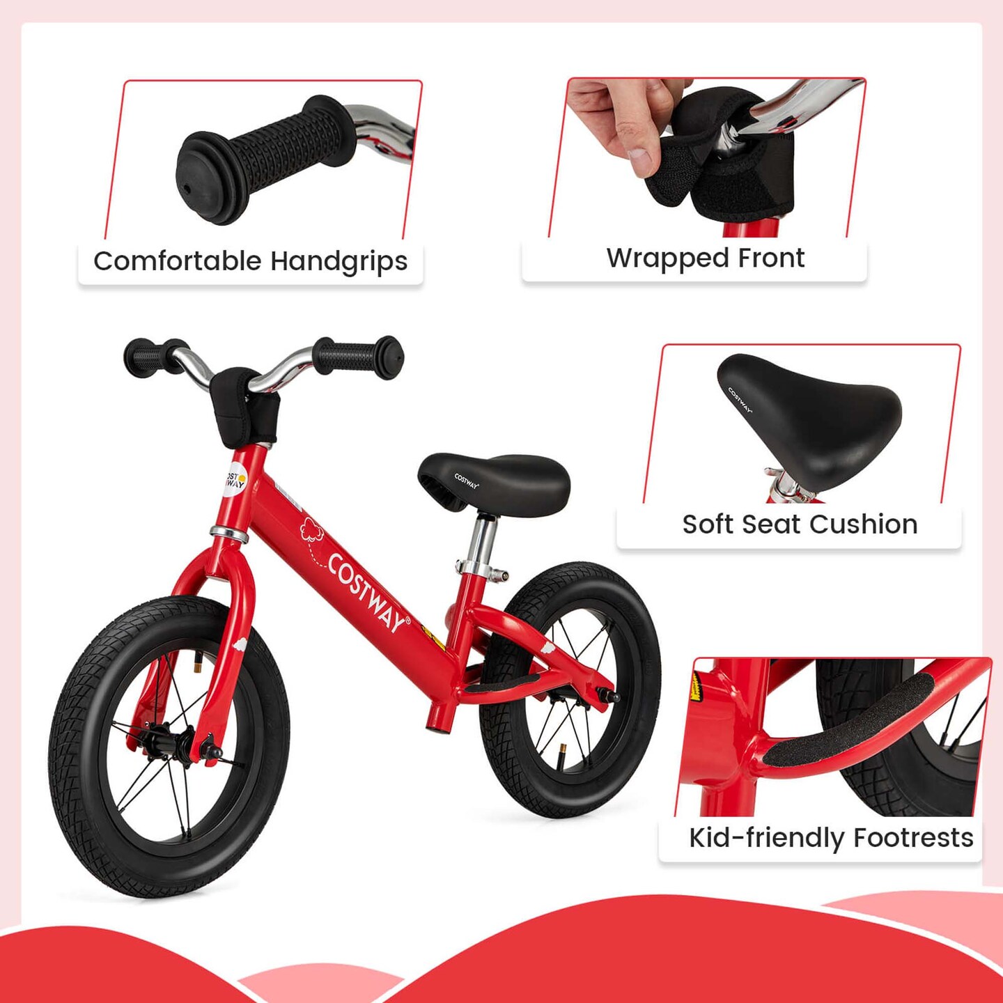 Costway 12 Inch Toddler Balance Bike No Pedal Training Bicycle with Inflatable Rubber Tires Yellow/White/Red