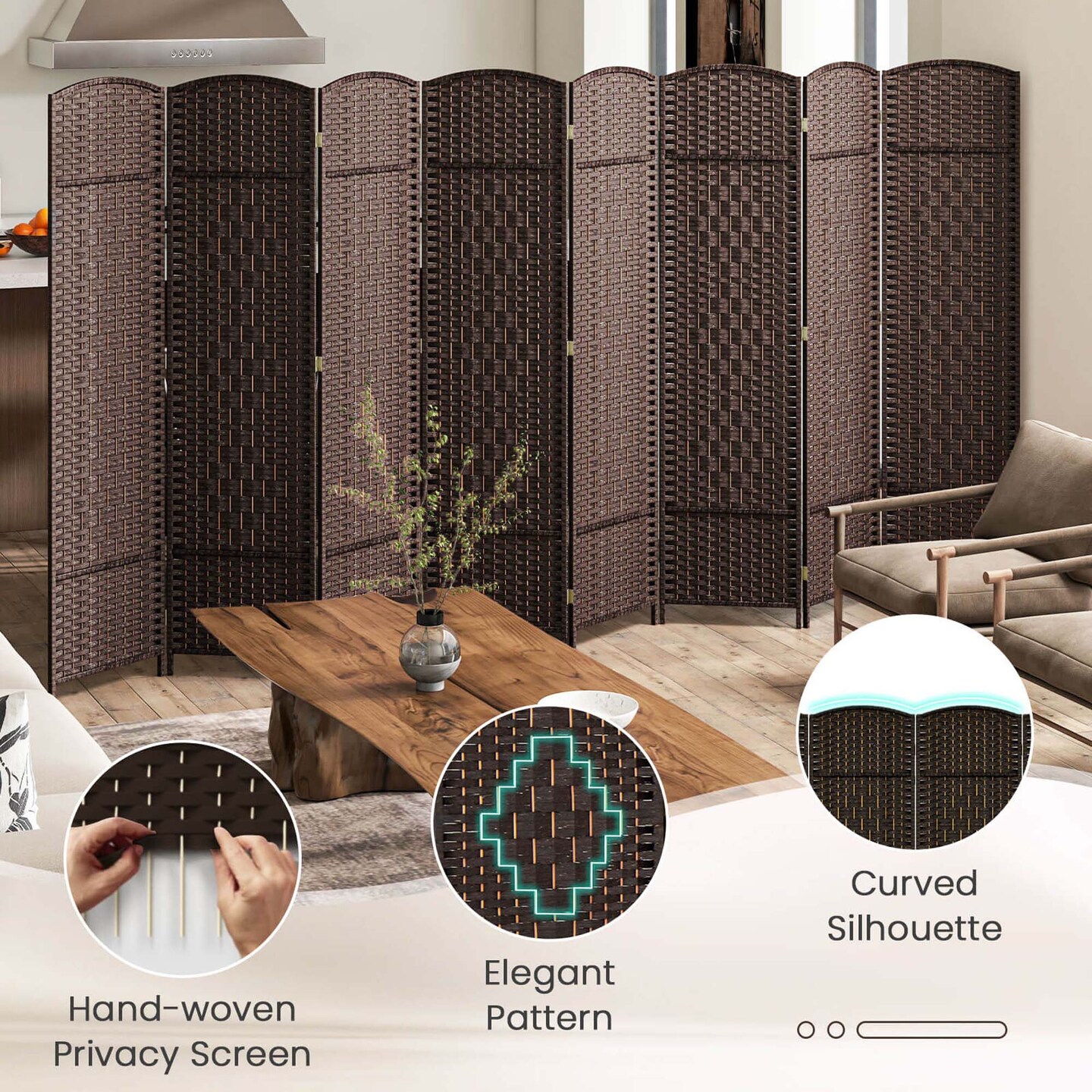 Costway 8-Panel Room Divider 6 FT Tall Folding Privacy Screen with Solid Wood Frame Brown/Black