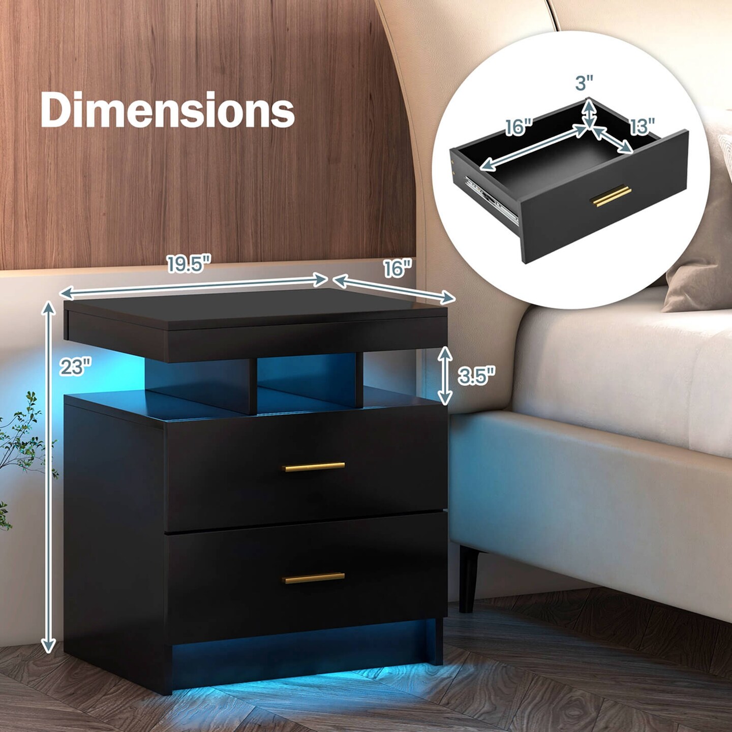 Costway LED Nightstand Set of 1/2 with 2 Storage Drawers Adjustable Light Mode Remote Control