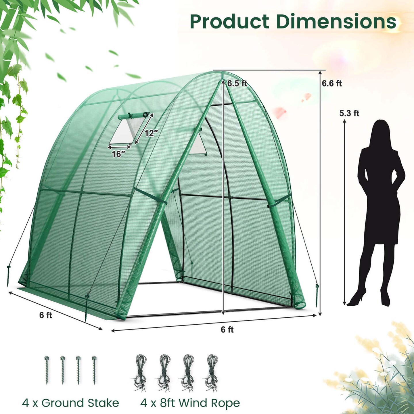 Costway Portable Greenhouse with 2 Zippered Doors 2 Roll-up Screen Windows 6 x 6 x 6.6 FT Green/White