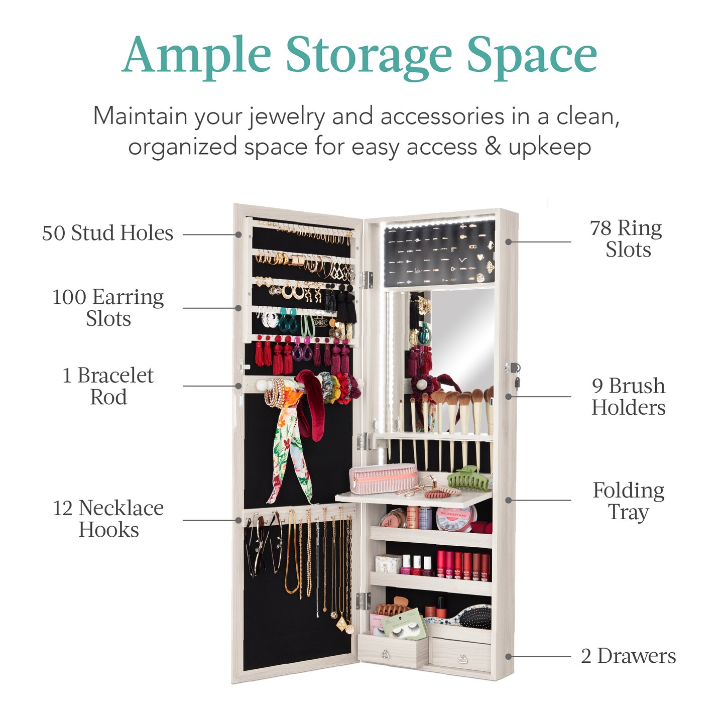 Best Choice Products Hanging Mirror Jewelry Armoire, Door or Wall Mounted Cabinet w/ LED Lights, Lock