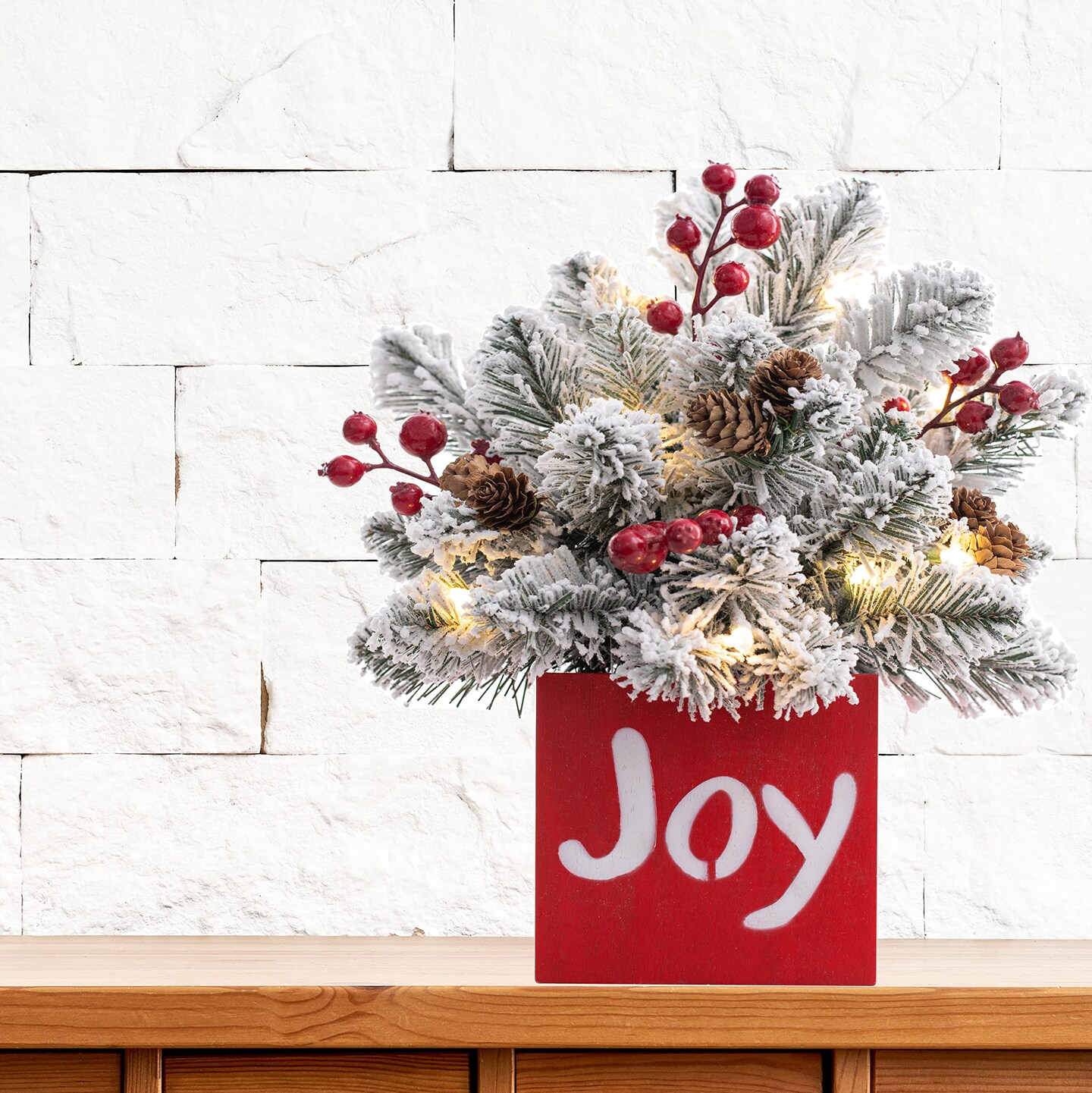 Haute Decor 13 Inch Tall LED Pre-lit Joy Frosted Greenery Christmas Tabletop Decor with Built-in Timer - Square Wood Painted Red Planter