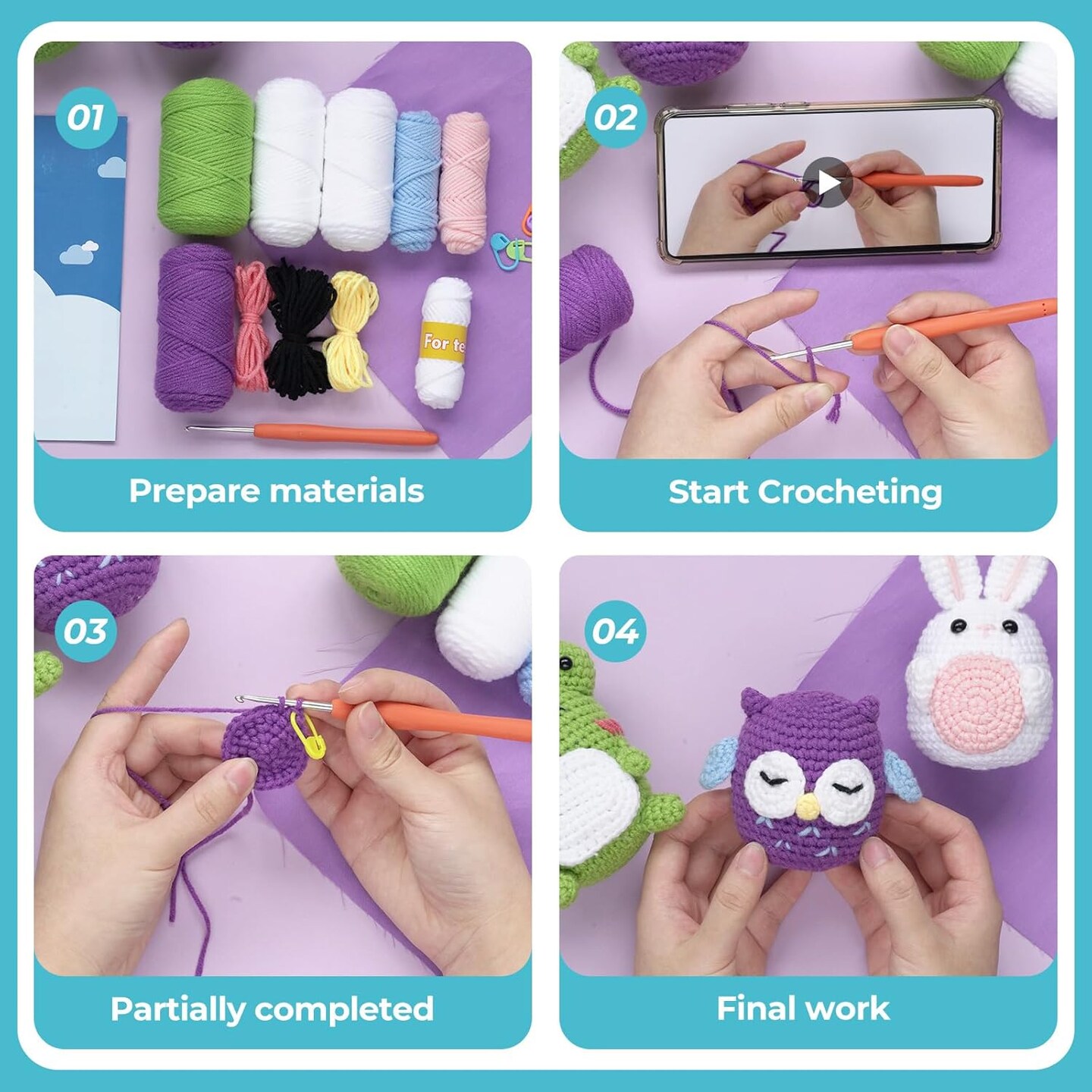 Crochet animals kit (white rabbit frog owl)