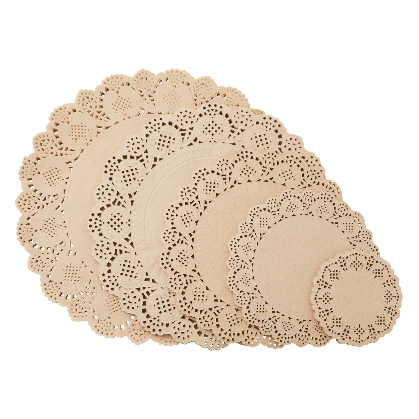 250 Pack Paper Doilies Assorted Sizes for Food & Cake, Round Decorative Disposable Placemats, Brown (4, 6.5, 8.5, 10.5, and 12 In)