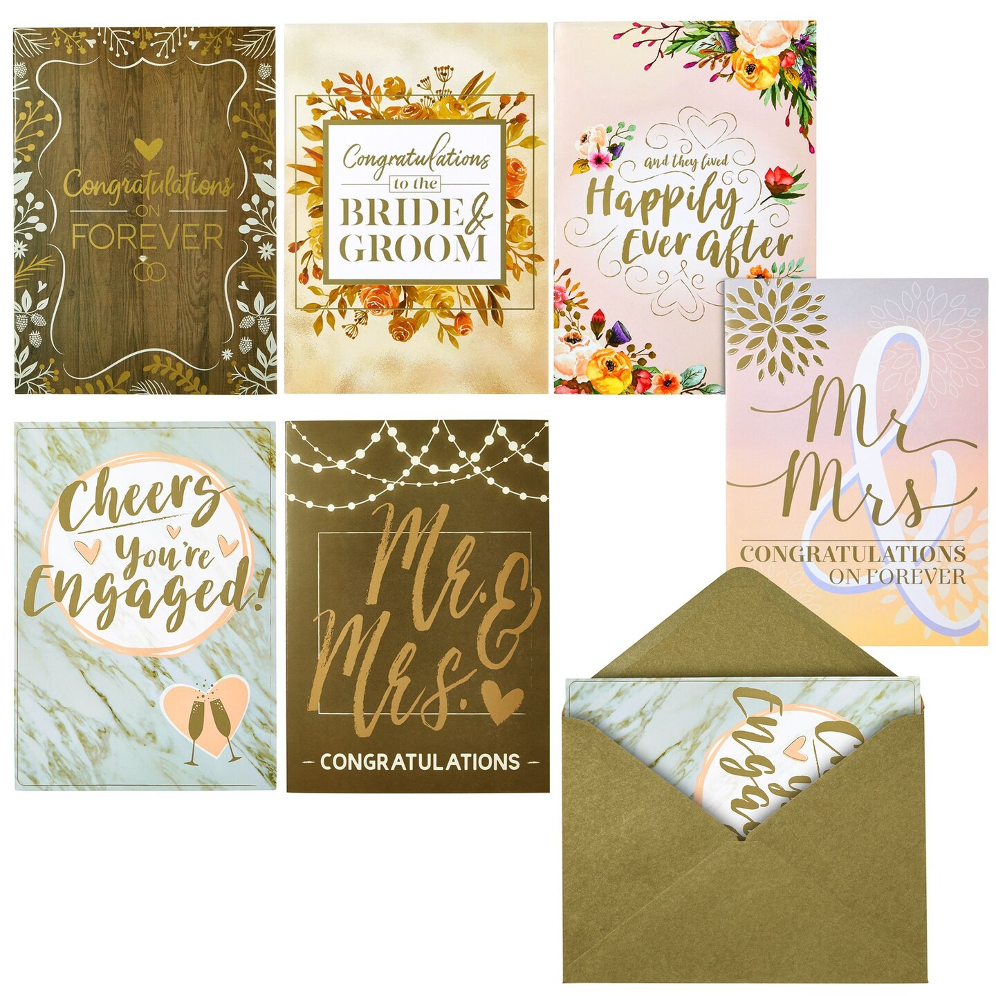 36 Pack Engagement and Wedding Greeting Cards for Couples with Envelopes, Congratulations Bride and Groom, 6 Rustic Designs (5x7 In)