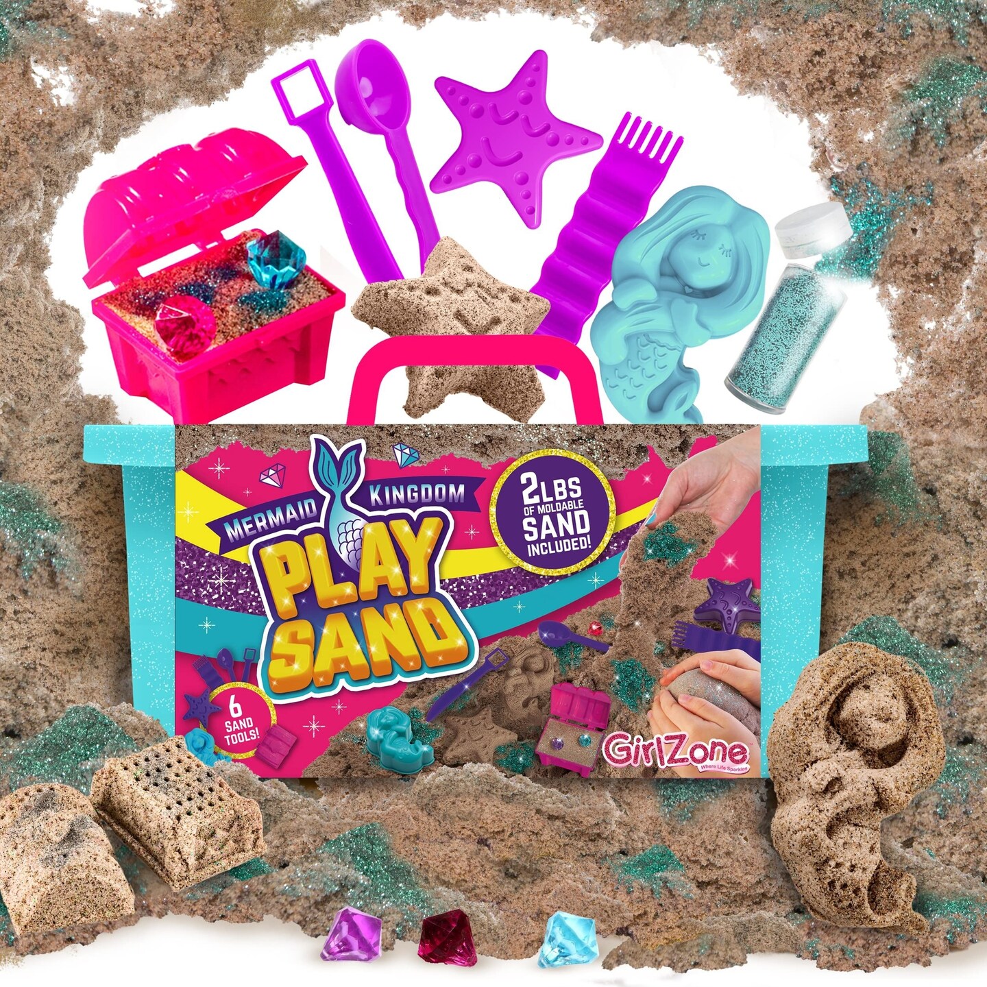 GirlZone Mermaid Sensory Sand Kit, 2lbs Moldable Play Sand for Kids Aged 3+, Magic Sand with Gems, Tools & Portable Treasure Chest, Kids Toys for Playdates, Party Games & Gifting
