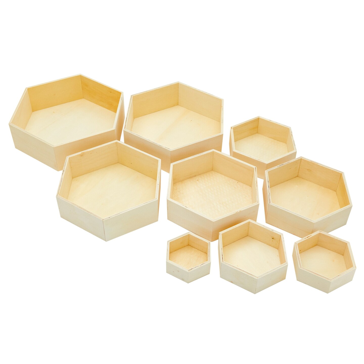Set of 9 Unfinished Wooden Floating Hexagon Shelves for Wall (9 Sizes)