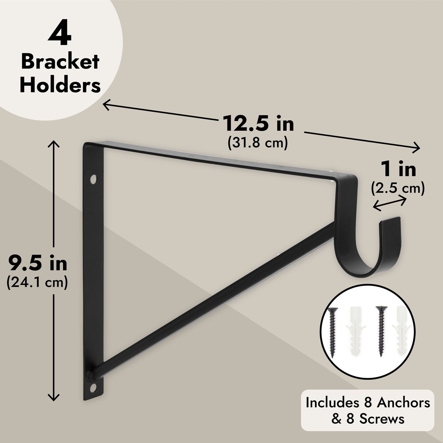 4 Pack Metal Closet Hanging Shelf Rod Bracket Holder and Support, Heavy Duty Bar for Shelving (Black, 12.5 x 1 x 9.5 in)