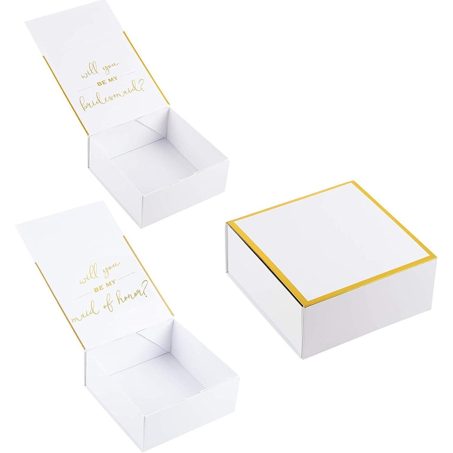 Will You Be My Bridesmaid Proposal Gift Boxes, 2 Bridesmaid and 1 Maid of Honor Empty Box for Wedding Presents, White with Gold Foil Text, 8 x 8 x 3.6 inches