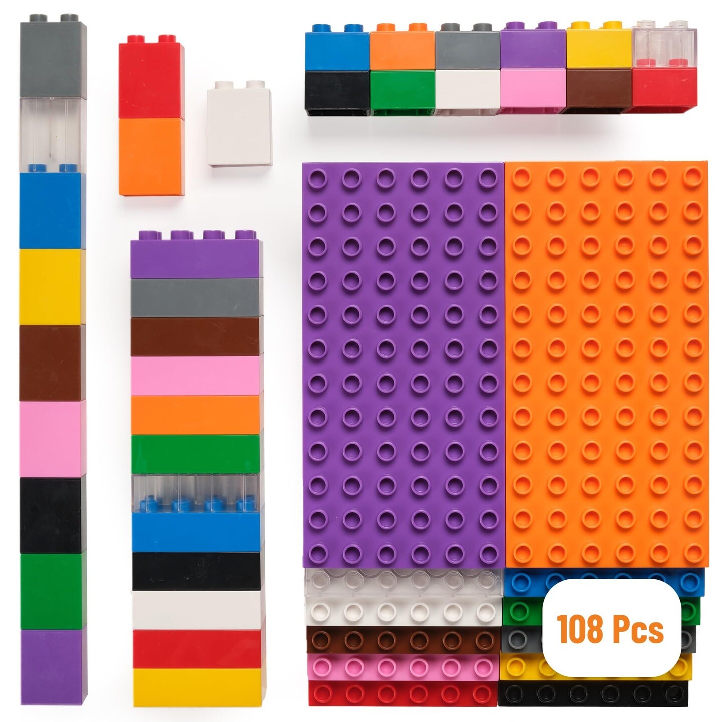 Strictly Briks Toy Building Block, Big Brick Tower Set for Ages 3 and Up, 100% Compatible with All Major Brands, Rainbow Colors, 12 7.5&#x201D;x3.75&#x201D; Base Plates and 96 Assorted Big Bricks, 108 Pieces