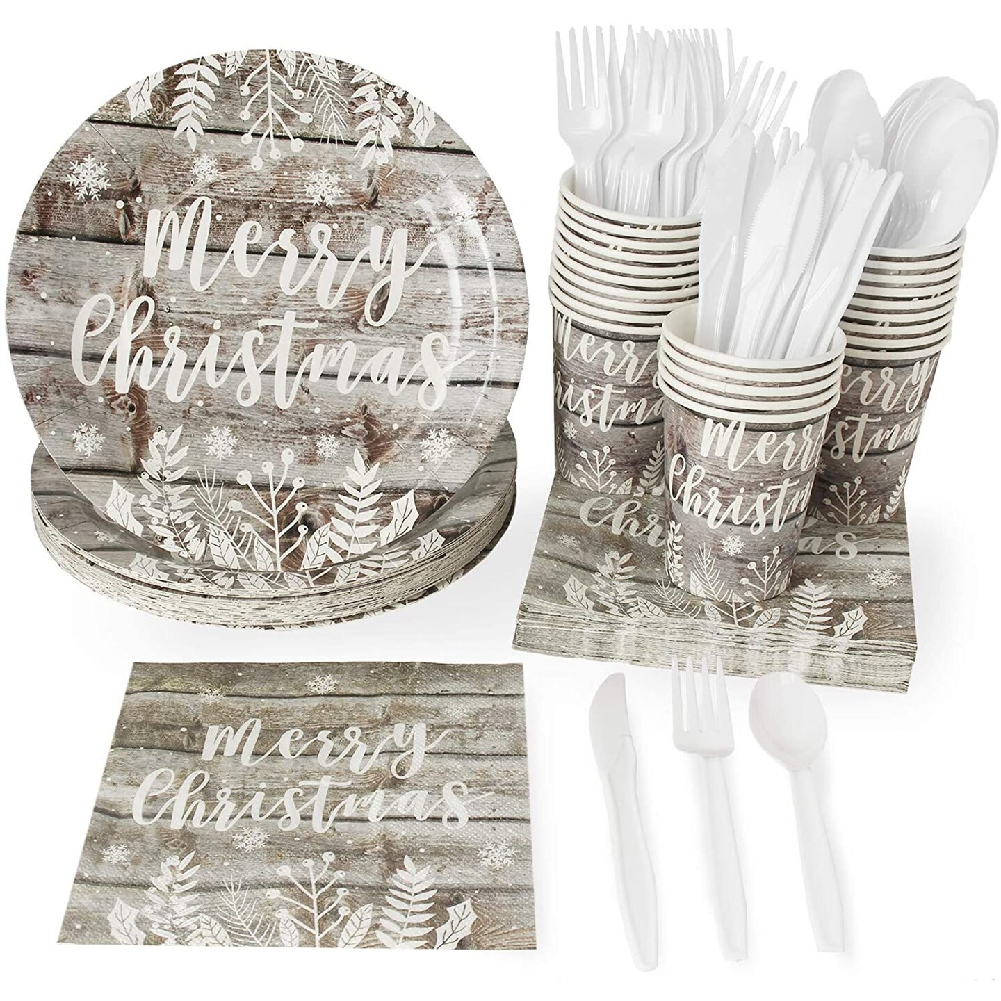 144 Piece Merry Christmas Party Plates, Napkins, Cups, Cutlery, Wood Plank Design Dinnerware (Serves 24)