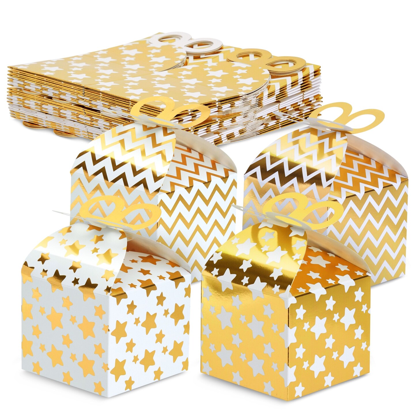 36 Pack Mini Gable Boxes for Party Favors, Birthday, Wedding, Anniversaries, Valentines, Engagement, Gold Foil Ornament Gift Boxes, 4 Patterns Designs (3.7x3.2x3.7 in)