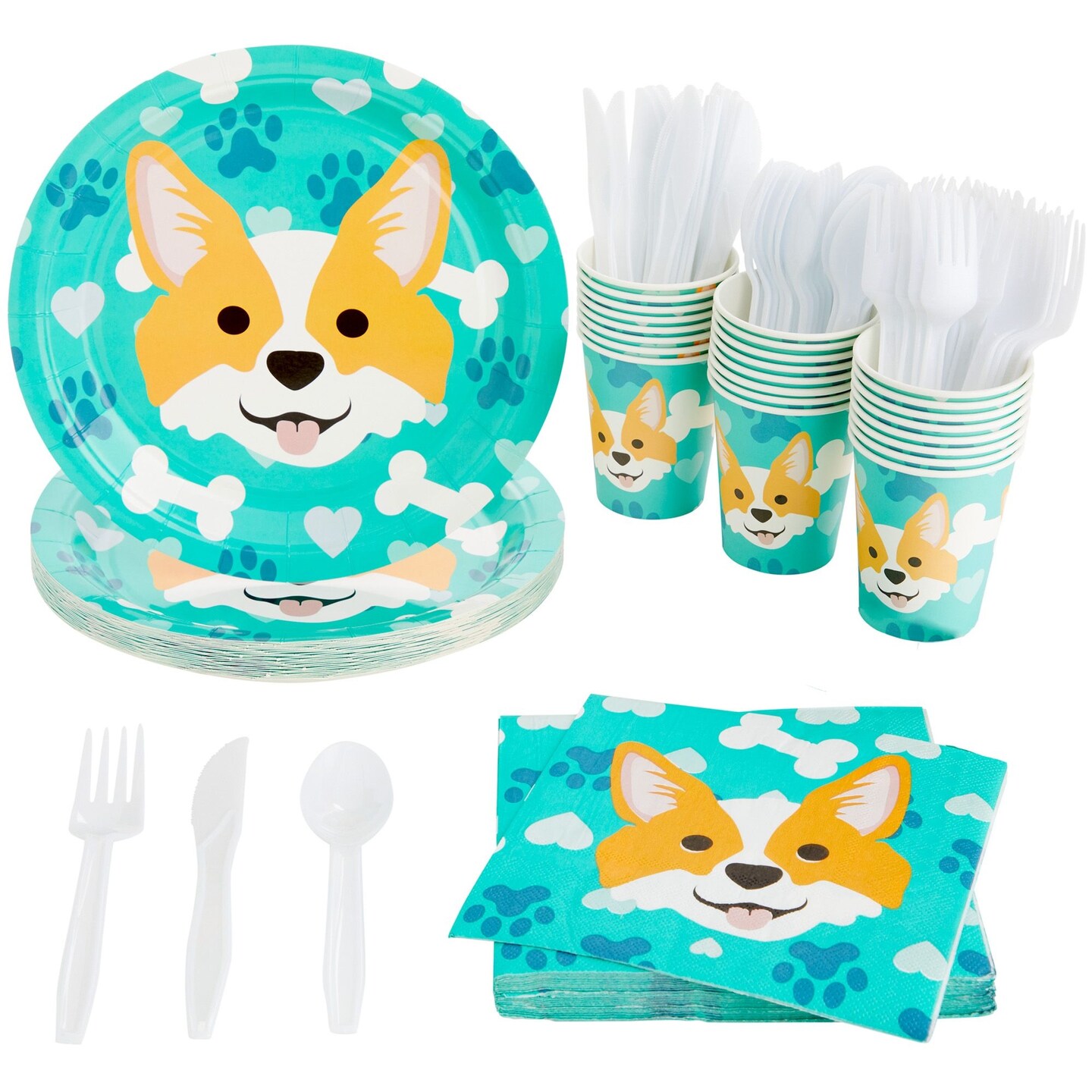 144 Piece Corgi Party Supplies, Dog Birthday Decorations with Paper Plates, Napkins, Cups, and Cutlery (Serves 24)