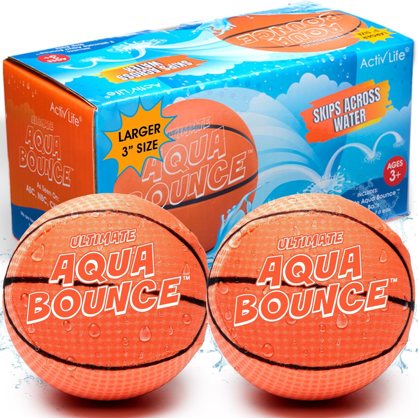 Activ Life Ultimate 2 Pack 3" Larger Water Skip Balls, Fun Swimming Pool & Beach Bouncing Toys for Kids, Teens, and Family, Great for Easter Gifts & Birthdays, Basketball