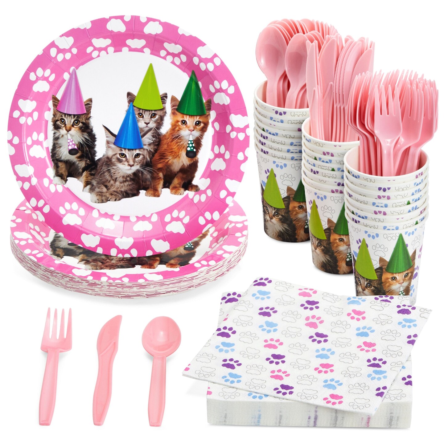 144-Piece Kitten Party Supplies Set with Cat Birthday Paper Plates, 6.5-Inch Napkins, 9oz Cups, and Plastic Cutlery, Knives, Spoons, and Forks (Serves 24 Guests)