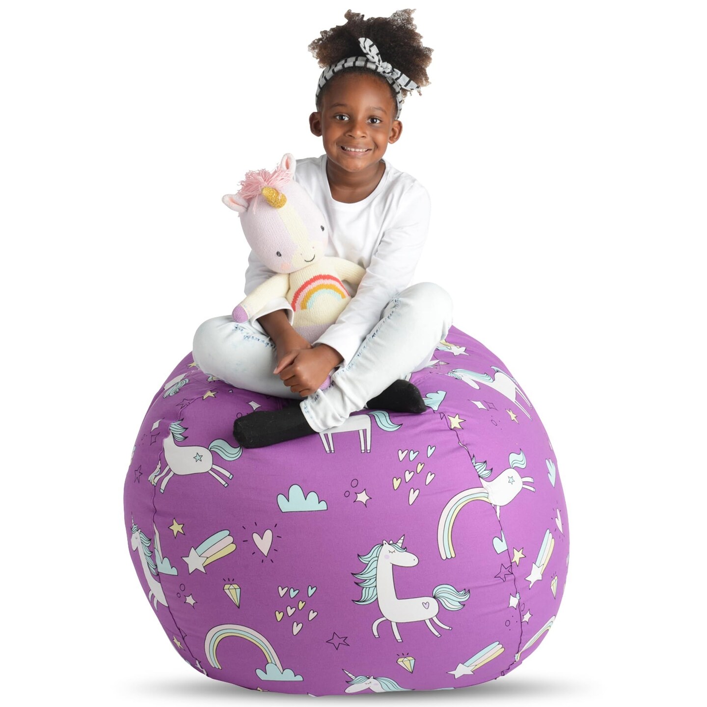 Creative QT Stuff &#x2019;n Sit Extra Large 38&#x2019;&#x2019; Bean Bag Storage Cover for Stuffed Animals &#x26; Toys, Giant Beanbag Chair for Plush, Toddler &#x26; Kids Rooms Bedroom Organizer for Christmas, Purple Unicorn