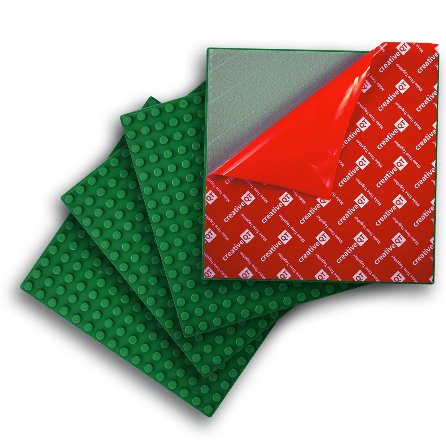 Creative QT Peel-and-Stick, Green, 4 Pack, 10&#x22;x10&#x22; Self Adhesive Baseplates, Compatible with Bigger Sized DUPLO Style Bricks, Fastest and Easiest DIY Bases for Play Tables, Walls, and More