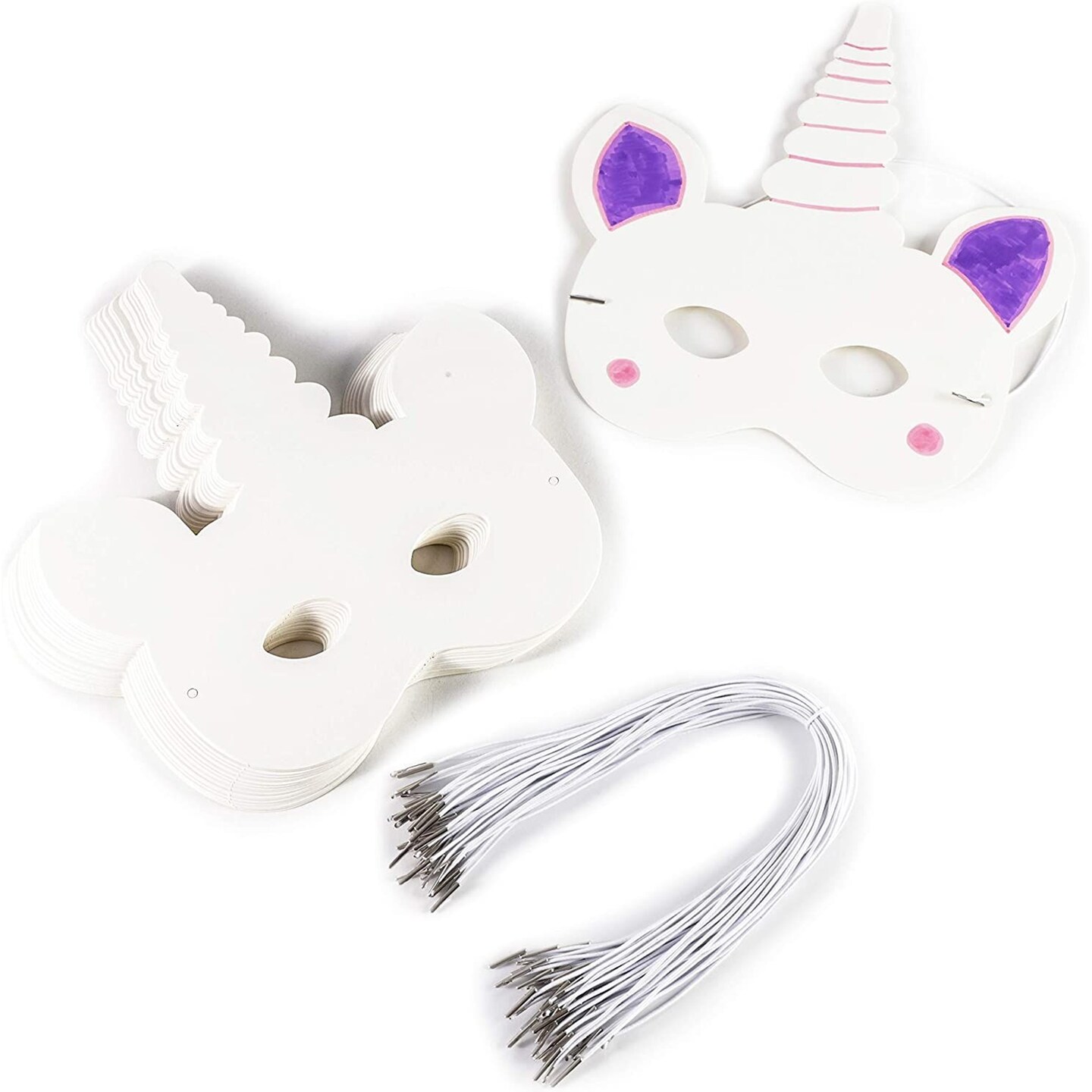 Bright Creations 48pcs Unicorn Masks with Elastic Band for Kids Birthday, Party Favors and DIY Crafts, White