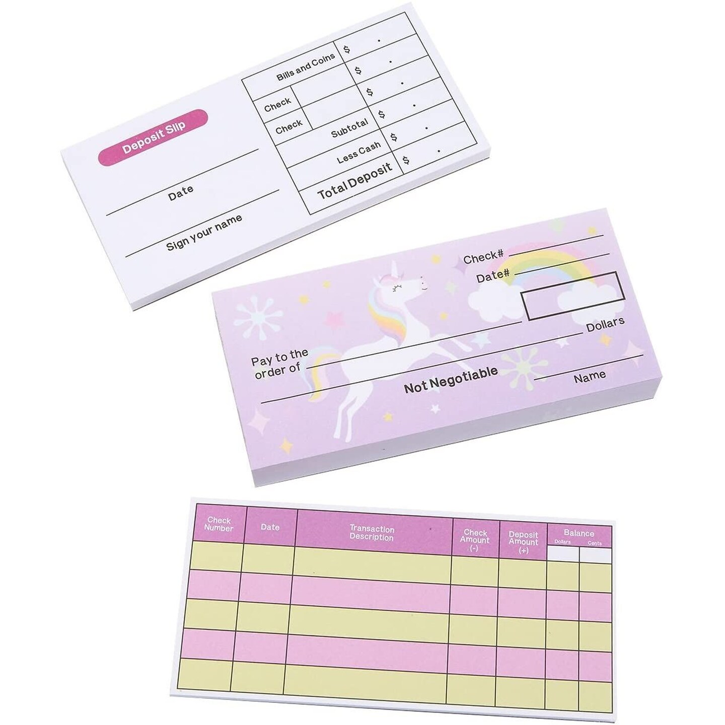 150 Sheets Fake Checkbook for Kids Learning with Pretend Deposit Slip and Check Register for Play School Supplies, Unicorn Themed